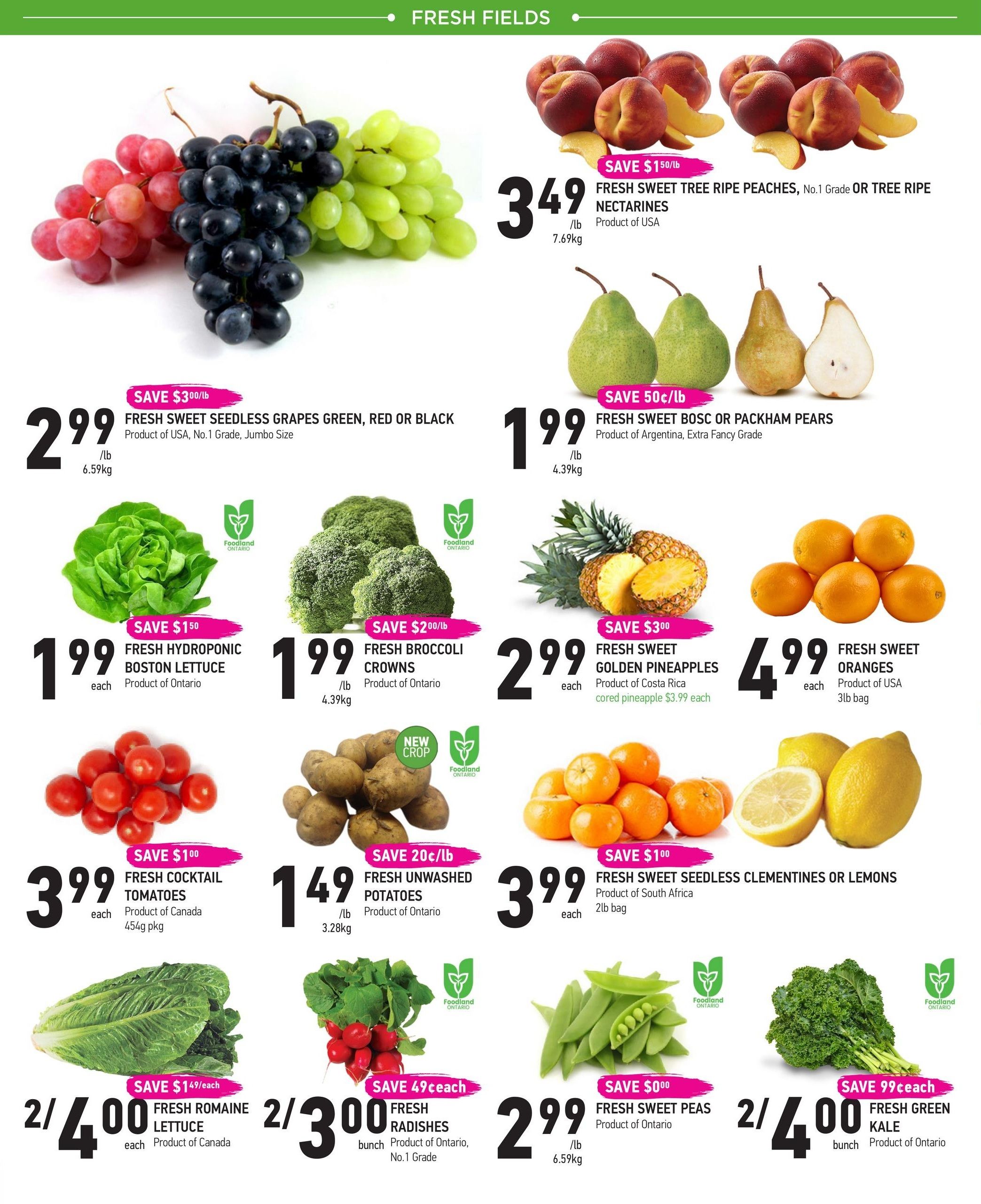 Coppa's Fresh Market weekly flyer specials page 2 features a variety of fresh produce. Save $3.00/lb on Fresh Sweet Seedless Grapes (Green, Red, or Black) from the USA, No.1 Grade, Jumbo Size, priced at $2.99/lb. Fresh Sweet Tree Ripe Peaches or Nectarines from the USA are $3.49/lb, with a save of $1.50/lb. Fresh Sweet Bosc or Packham Pears from Argentina, Extra Fancy Grade, are $1.99/lb, saving 50¢/lb. Fresh Hydroponic Boston Lettuce from Ontario is $1.99 each, saving $1.50. Fresh Broccoli Crowns from Ontario are $1.99/lb, saving $2.00/lb. Fresh Sweet Golden Pineapples from Costa Rica are $2.99 each, with cored pineapple at $3.99 each, saving $3.00. Fresh Sweet Oranges from the USA are $4.99 for a 3lb bag. Fresh Cocktail Tomatoes from Canada are $3.99 for a 454g pkg, saving $1.00. Fresh Unwashed Potatoes from Ontario are $1.49/lb, saving 20¢/lb. Fresh Sweet Seedless Clementines or Lemons from South Africa are $3.99 for a 2lb bag, saving $1.00. Fresh Romaine Lettuce from Canada is 2 for $4.00 each, saving $1.49/each. Fresh Radishes, No.1 Grade, from Ontario are 2 bunches for $3.00, saving 49¢ each. Fresh Sweet Peas from Ontario are $2.99/lb. Fresh Green Kale from Ontario is 2 bunches for $4.00, saving 99¢ each.