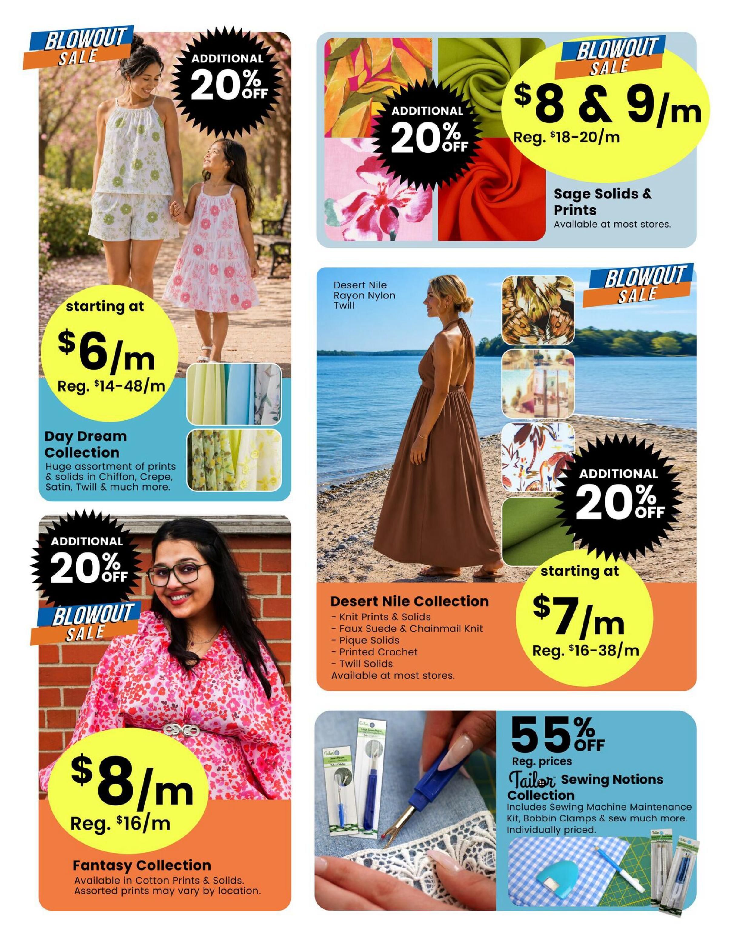 Fabricland St. Catharines and Welland flyer page 4. Features a Blowout Sale with additional 20% off on Day Dream Collection fabrics, starting at $6/m (regularly $14-48/m). This collection includes a huge assortment of prints & solids in Chiffon, Crepe, Satin, Twill & much more. Also on sale is the Fantasy Collection, available in Cotton Prints & Solids, for $8/m (regularly $16/m), with assorted prints varying by location. Another Blowout Sale offers Sage Solids & Prints for $8 & $9/m (regularly $18-20/m), available at most stores. The Desert Nile Collection, featuring Knit Prints & Solids, Faux Suede & Chainmail Knit, Pique Solids, Printed Crochet, and Twill Solids, is available at most stores. Additionally, the Tailor Sewing Notions Collection is 55% off regular prices, including a Sewing Machine Maintenance Kit, Bobbin Clamps & more, all individually priced.