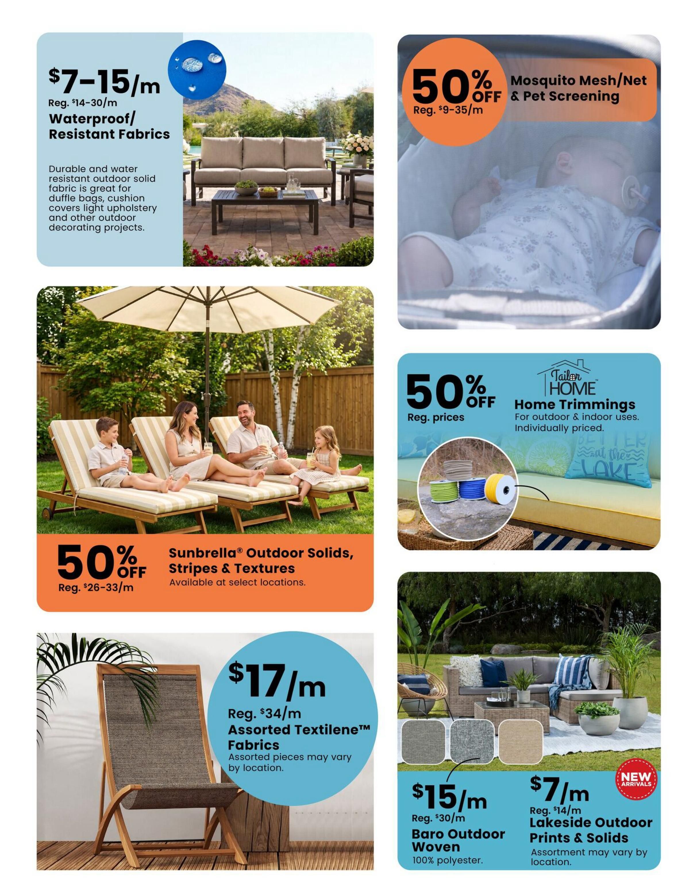 Fabricland flyer page 8 features outdoor and home decor specials. Top left: Waterproof/Resistant Fabrics are $7-$15/m, regularly $14-$30/m, perfect for durable outdoor upholstery and decorating. Top right: 50% off Mosquito Mesh/Net & Pet Screening, regularly $9-$35/m. Middle left: Sunbrella® Outdoor Solids, Stripes & Textures are 50% off, regularly $26-$33/m, available at select locations. Middle right: Tailor HOME Trimmings for outdoor & indoor uses are 50% off regular prices, individually priced. Bottom left: Assorted Textilene™ Fabrics are $17/m, regularly $34/m, with assorted pieces varying by location. Bottom right: Baro Outdoor Woven fabric (100% polyester) is $15/m, regularly $30/m. Lakeside Outdoor Prints & Solids are $7/m, regularly $14/m, with assortment varying by location. This section also highlights New Arrivals.
