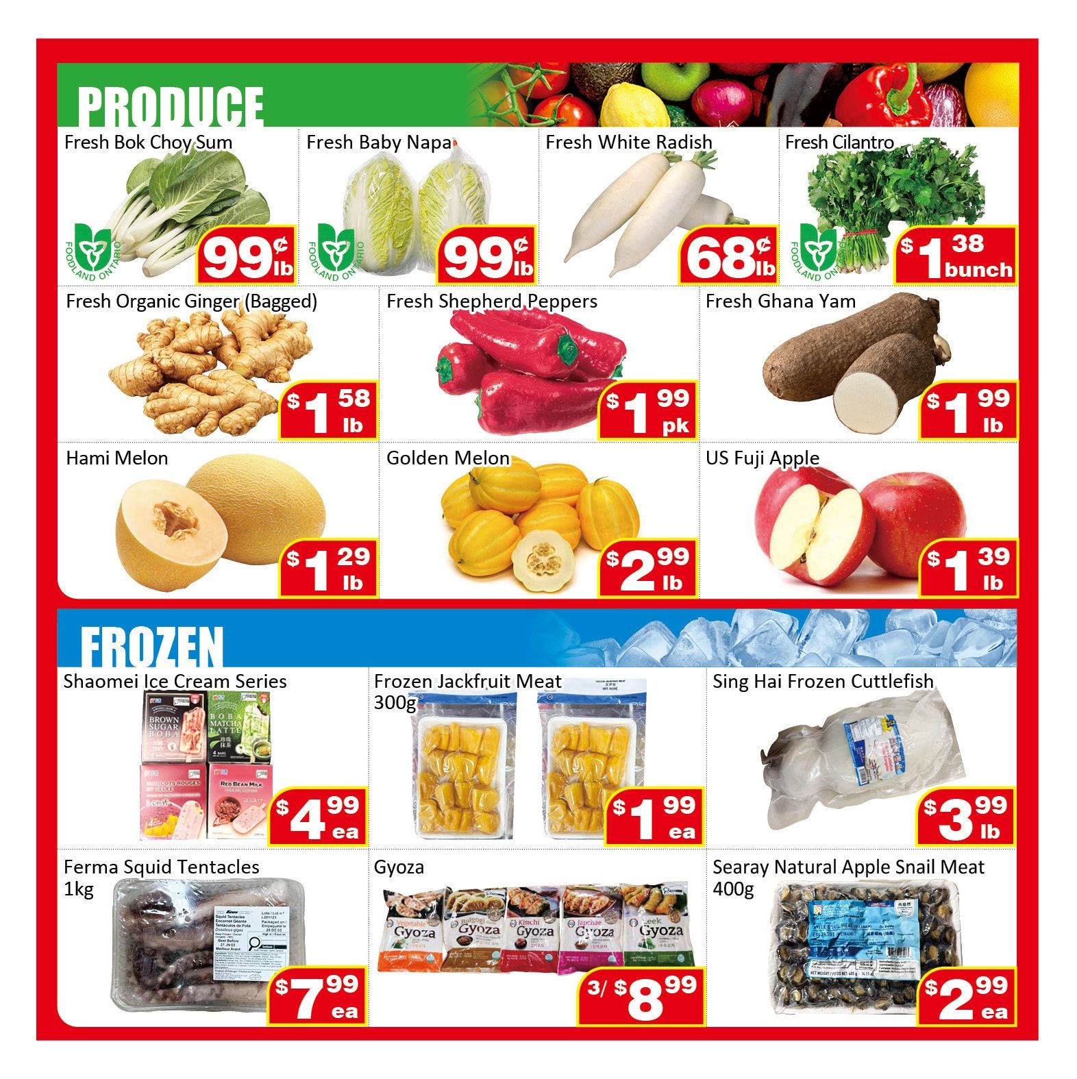 Jian Hing Supermarket weekly flyer specials, Page 3. Featured produce includes Fresh Bok Choy Sum for $0.99/lb, Fresh Baby Napa for $0.99/lb, Fresh White Radish for $0.68/lb, and Fresh Cilantro for $1.38/bunch. Also available are Fresh Organic Ginger (Bagged) for $1.58/lb, Fresh Shepherd Peppers for $1.99/pk, Fresh Ghana Yam for $1.99/lb, Hami Melon for $1.29/lb, Golden Melon for $2.99/lb, and US Fuji Apples for $1.39/lb. Frozen section highlights include Shaomei Ice Cream Series for $4.99 each, Frozen Jackfruit Meat 300g for $1.99 each, Sing Hai Frozen Cuttlefish for $3.99/lb, Ferma Squid Tentacles 1kg for $7.99 each, Gyoza for 3 for $8.99, and Searay Natural Apple Snail Meat 400g for $2.99 each.