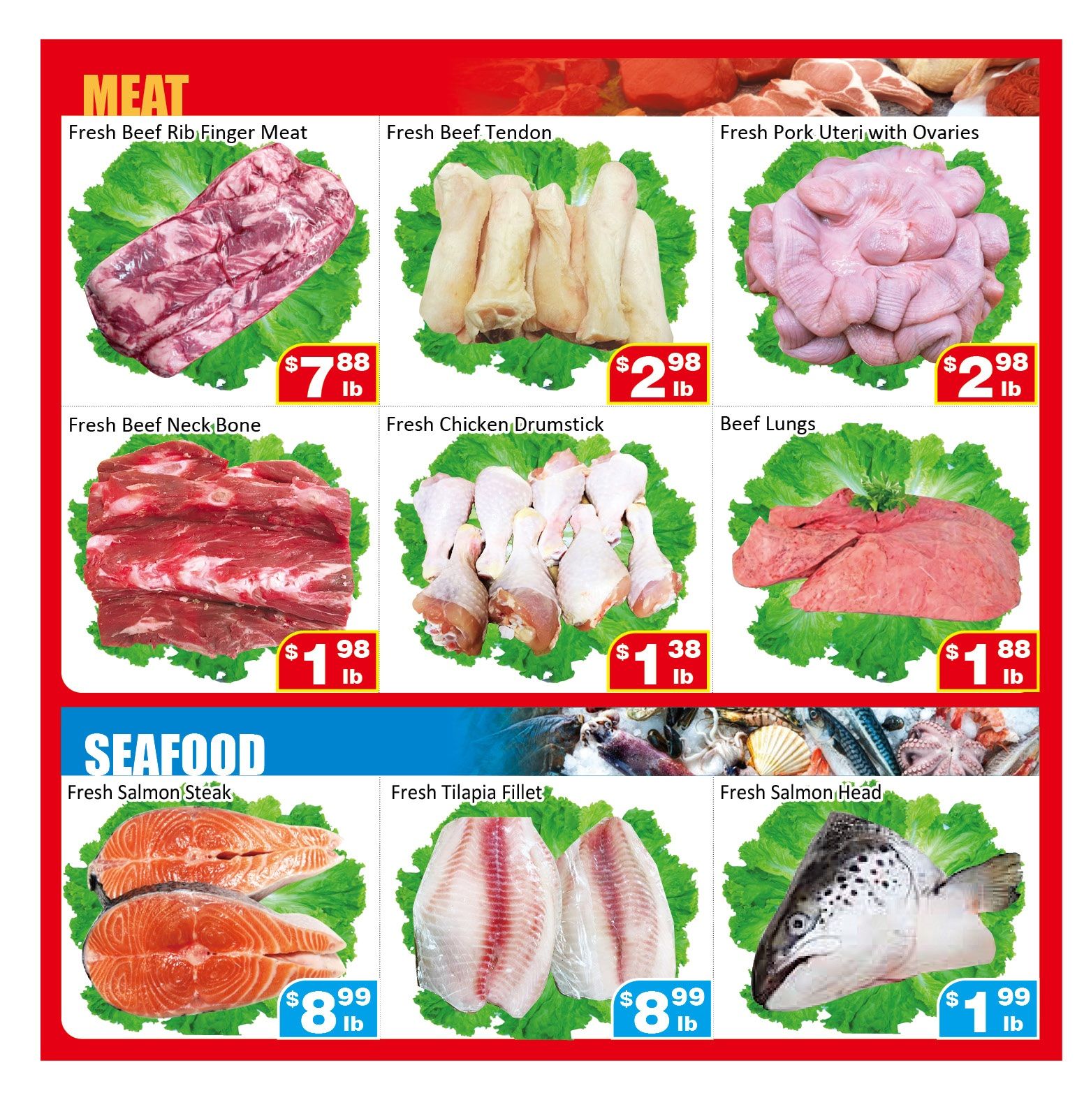 Jian Hing Supermarket weekly flyer specials, page 4. Meat section features Fresh Beef Rib Finger Meat for $7.88/lb, Fresh Beef Tendon for $2.98/lb, Fresh Pork Uteri with Ovaries for $2.98/lb, Fresh Beef Neck Bone for $1.98/lb, Fresh Chicken Drumstick for $1.38/lb, and Beef Lungs for $1.88/lb. Seafood section includes Fresh Salmon Steak for $8.99/lb, Fresh Tilapia Fillet for $8.99/lb, and Fresh Salmon Head for $1.99/lb.
