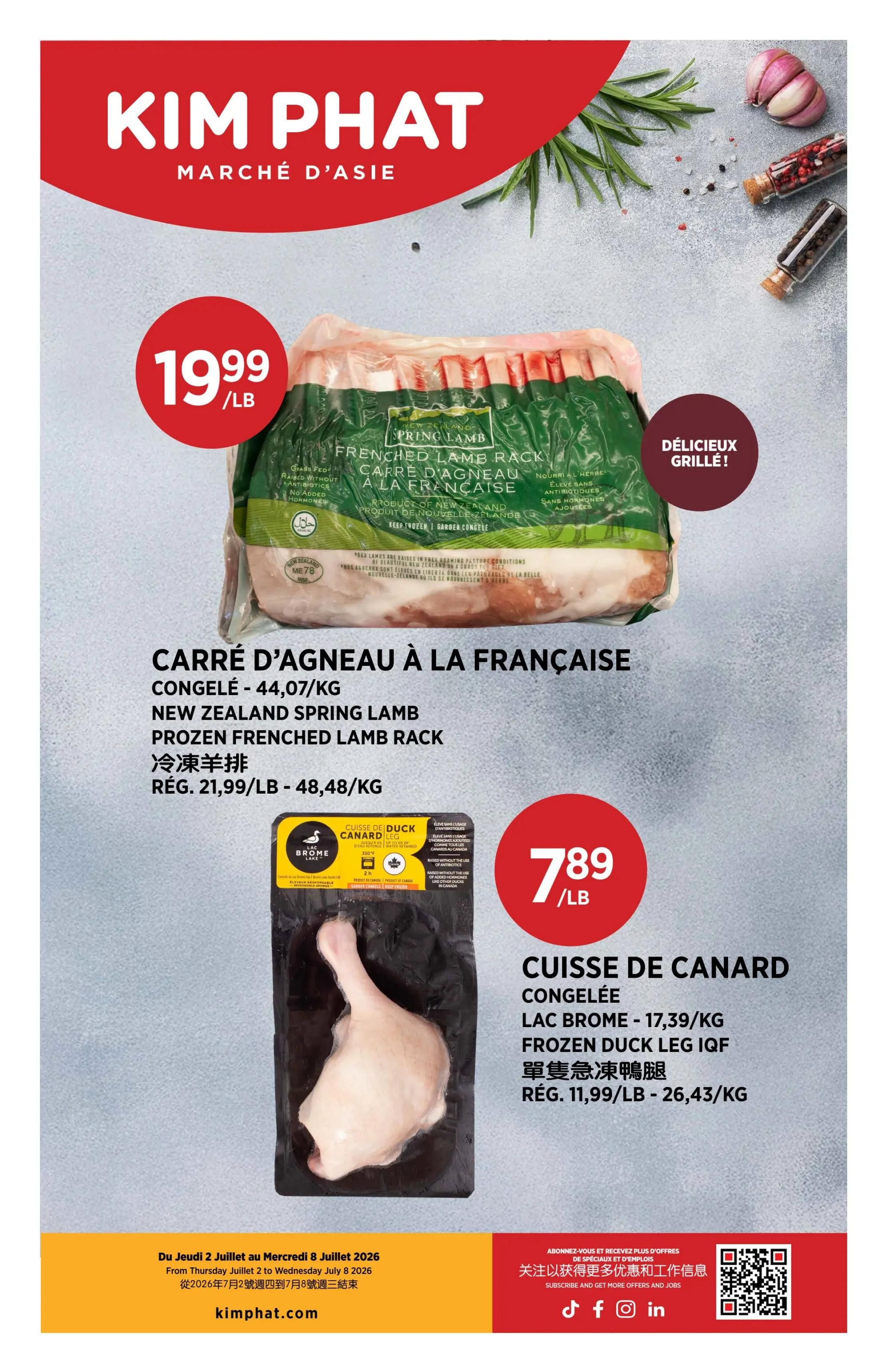 Kim Phat weekly flyer specials page 10 features New Zealand Spring Lamb Frozen Frenched Lamb Rack for $19.99/lb, described as 'Carré d'agneau à la française' and 'Congelé - 44.97/kg'. It also highlights Lac Brome Frozen Duck Leg IQF for $7.89/lb, translated as 'Cuisse de canard congelée' and '17.39/kg'. The flyer is valid from Thursday, July 2, 2026, to Wednesday, July 8, 2026.