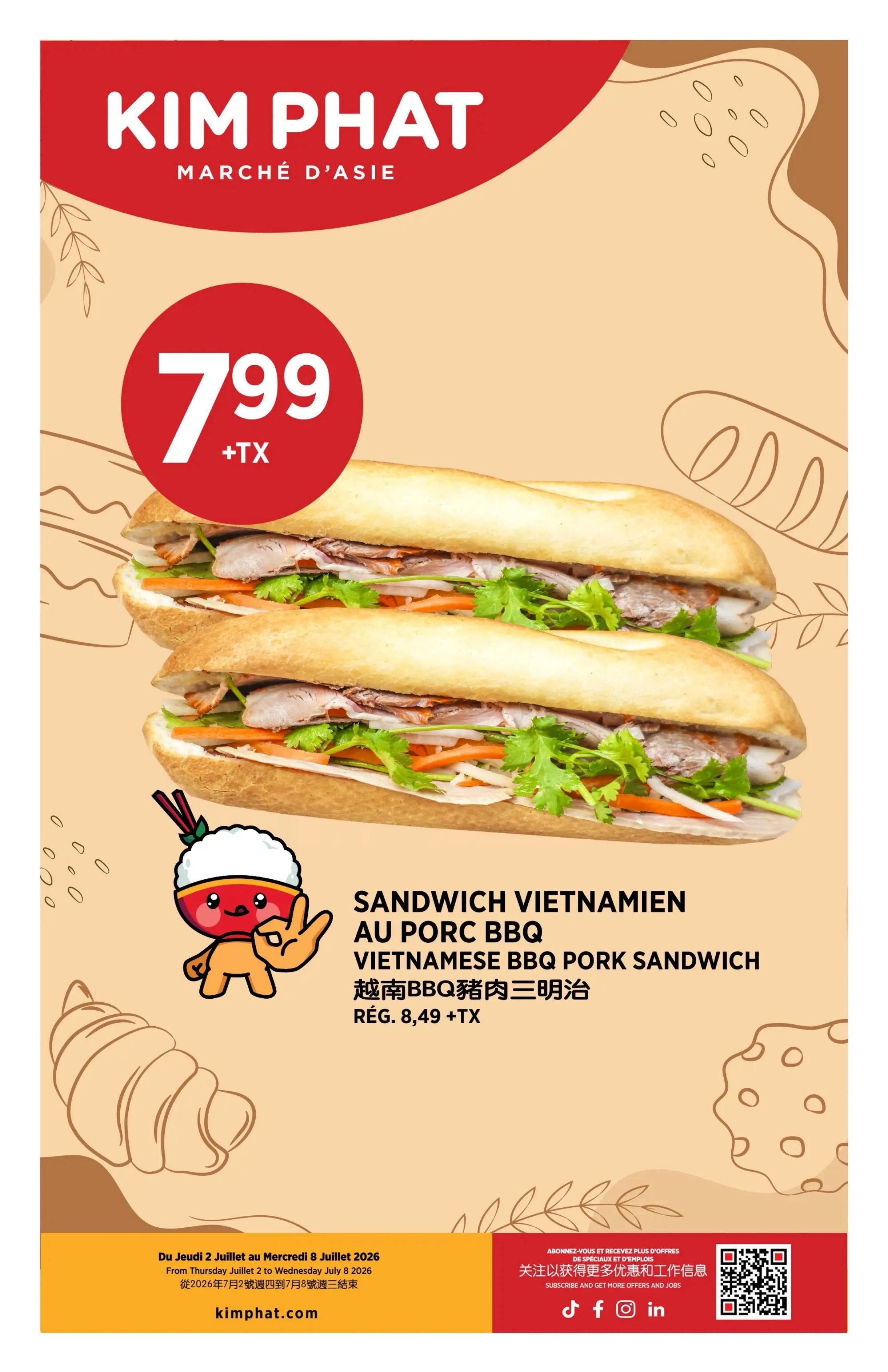 Kim Phat weekly flyer specials page 12 features a Vietnamese BBQ Pork Sandwich for $7.99 plus tax. The sandwich is described in English and French as 'Sandwich Vietnamien au Porc BBQ' and 'Vietnamese BBQ Pork Sandwich'. The regular price is listed as $8.49 plus tax. The flyer is valid from Thursday, July 2 to Wednesday, July 8, 2026. The bottom of the page includes the website kimphat.com and social media icons for TikTok, Facebook, Instagram, and LinkedIn.