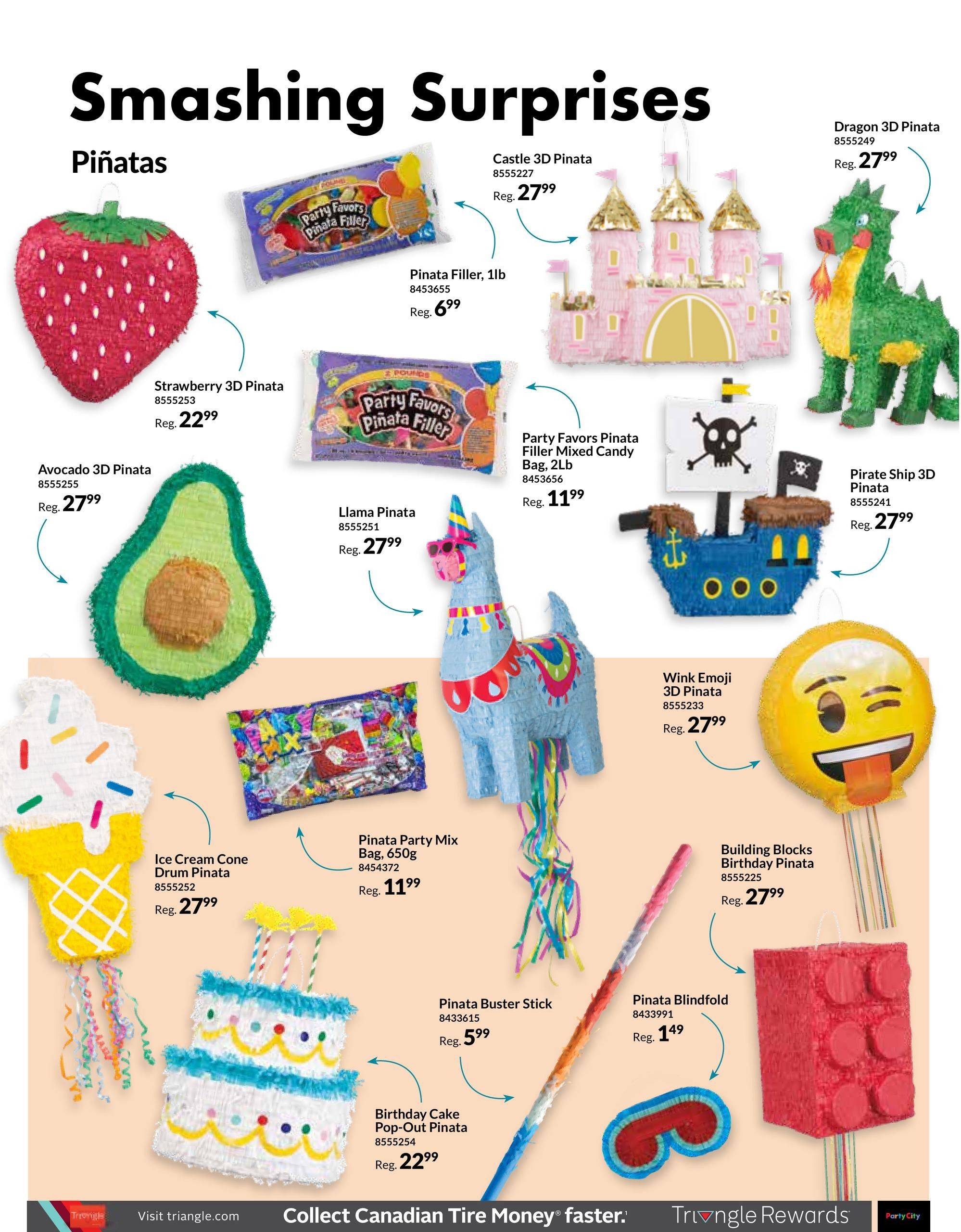 Party City flyer page 3 features a variety of piñatas and party supplies under the theme 'Smashing Surprises'. Featured piñatas include a Strawberry 3D Piñata for $22.99, an Avocado 3D Piñata for $27.99, a Castle 3D Piñata for $27.99, a Dragon 3D Piñata for $27.99, a Llama Piñata for $27.99, a Pirate Ship 3D Piñata for $27.99, an Ice Cream Cone Drum Piñata for $27.99, a Wink Emoji 3D Piñata for $27.99, and a Building Blocks Birthday Piñata for $27.99. Also available are a Birthday Cake Pop-Out Piñata for $22.99, a Pinata Buster Stick for $5.99, and a Pinata Blindfold for $1.49. Party favors include Pinata Filler, 1lb, for $6.99, and Party Favors Pinata Filler Mixed Candy Bag, 2Lb, for $11.99. A Pinata Party Mix Bag, 650g, is also available for $11.99.