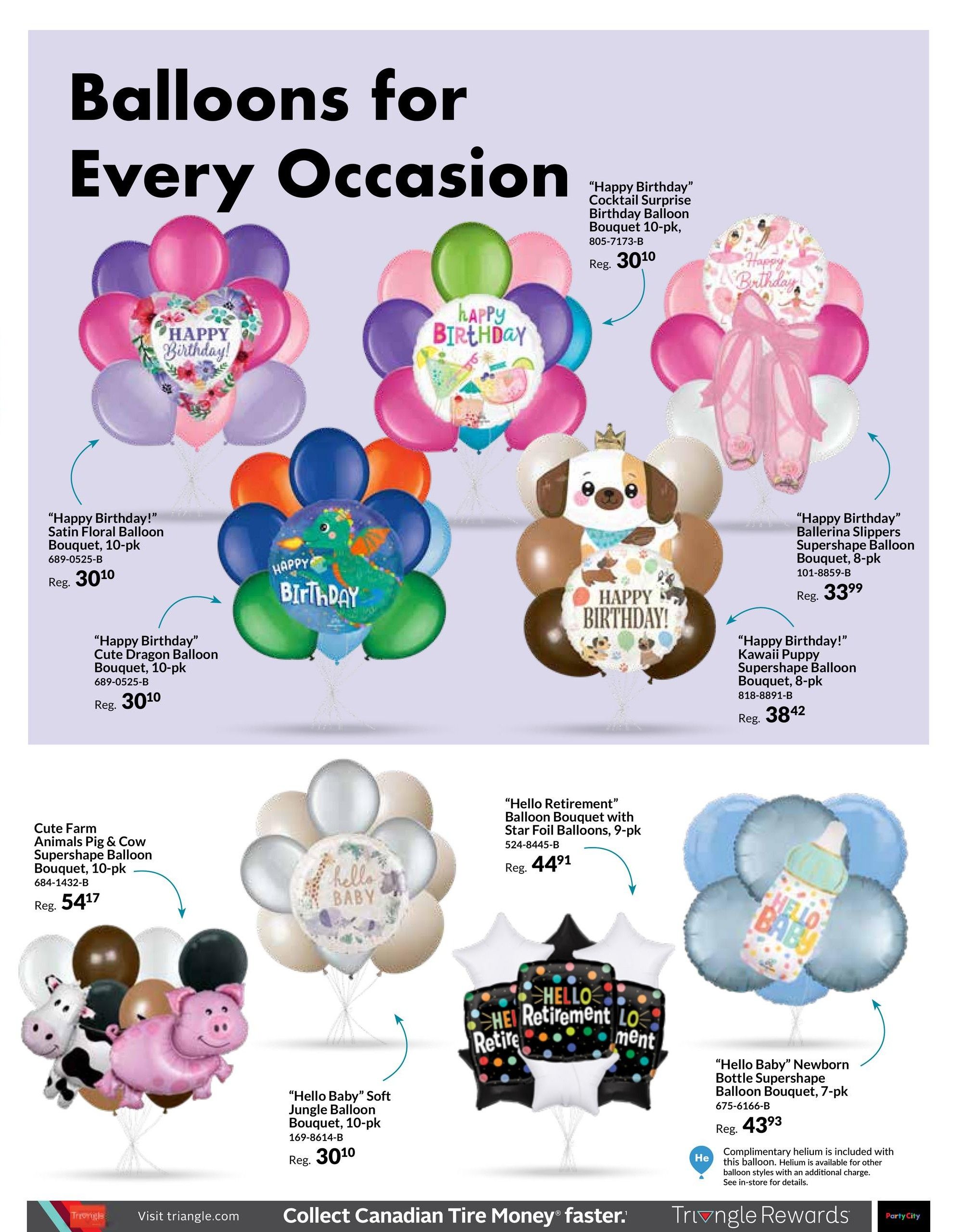 Party City flyer page 4, featuring balloons for every occasion. Includes 'Happy Birthday' Cocktail Surprise Balloon Bouquet 10-pk for $30.10, 'Happy Birthday!' Satin Floral Balloon Bouquet 10-pk for $30.10, and 'Happy Birthday' Cute Dragon Balloon Bouquet 10-pk for $30.10. Also available are 'Happy Birthday' Ballerina Slippers Supershape Balloon Bouquet 8-pk for $33.99, and 'Happy Birthday!' Kawaii Puppy Supershape Balloon Bouquet 8-pk for $38.42. For baby occasions, find the 'Hello Baby' Soft Jungle Balloon Bouquet 10-pk for $30.10 and the 'Hello Baby' Newborn Bottle Supershape Balloon Bouquet 7-pk for $43.93. Additionally, there's a Cute Farm Animals Pig & Cow Supershape Balloon Bouquet 10-pk for $54.17 and a 'Hello Retirement' Balloon Bouquet with Star Foil Balloons 9-pk for $44.91. Complimentary helium is included with some balloon styles; see in-store for details.