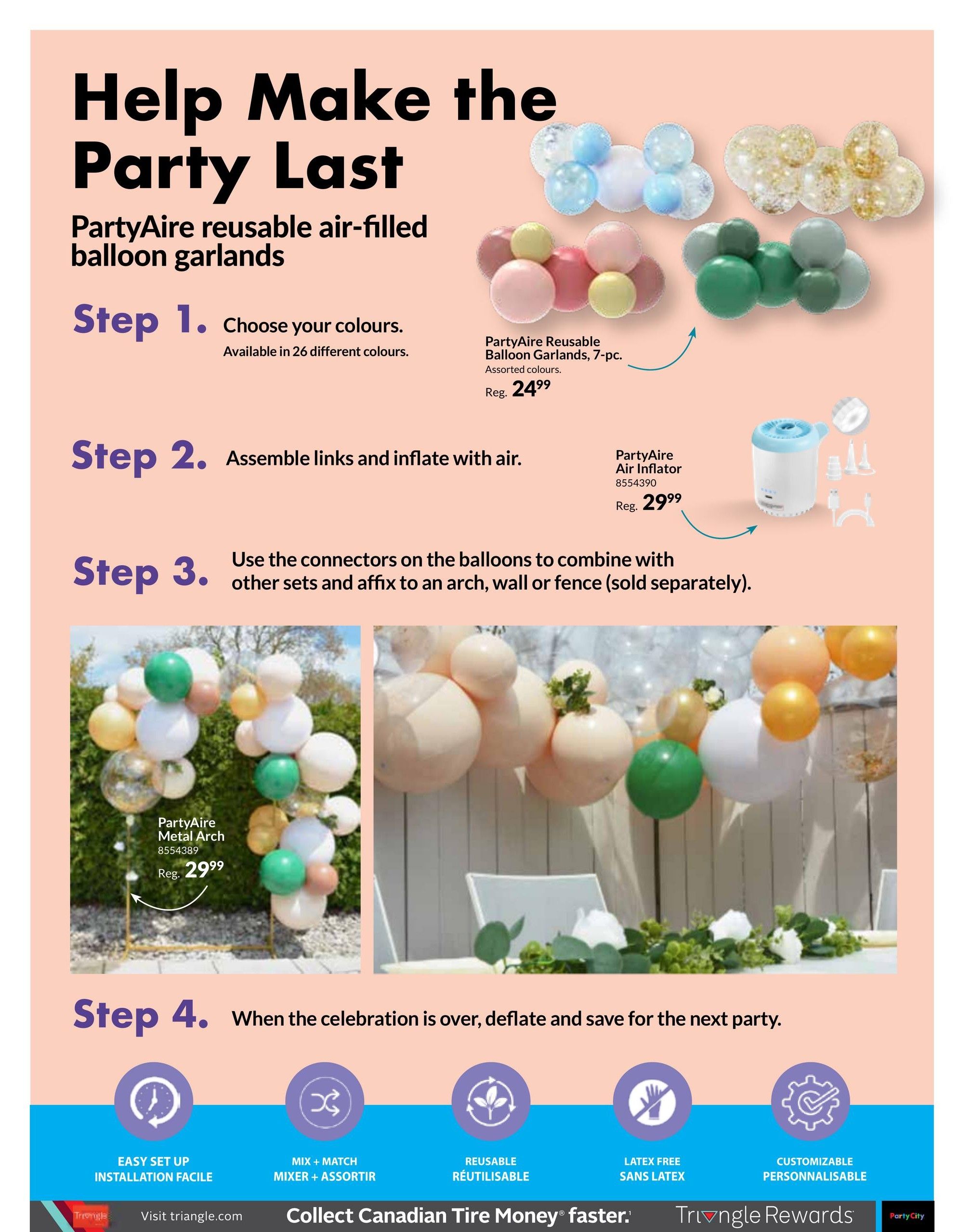 Party City flyer page 6, featuring PartyAire reusable air-filled balloon garlands. The page outlines a 4-step process for creating balloon decorations. Products shown include PartyAire Reusable Balloon Garlands, 7-pc., for a regular price of $24.99, and the PartyAire Air Inflator for a regular price of $29.99. A PartyAire Metal Arch is also displayed, priced at $29.99. The page highlights features such as easy set up, mix and match options, reusability, latex-free material, and customizability. The bottom of the page includes a promotion for Triangle Rewards and Collect Canadian Tire Money faster.