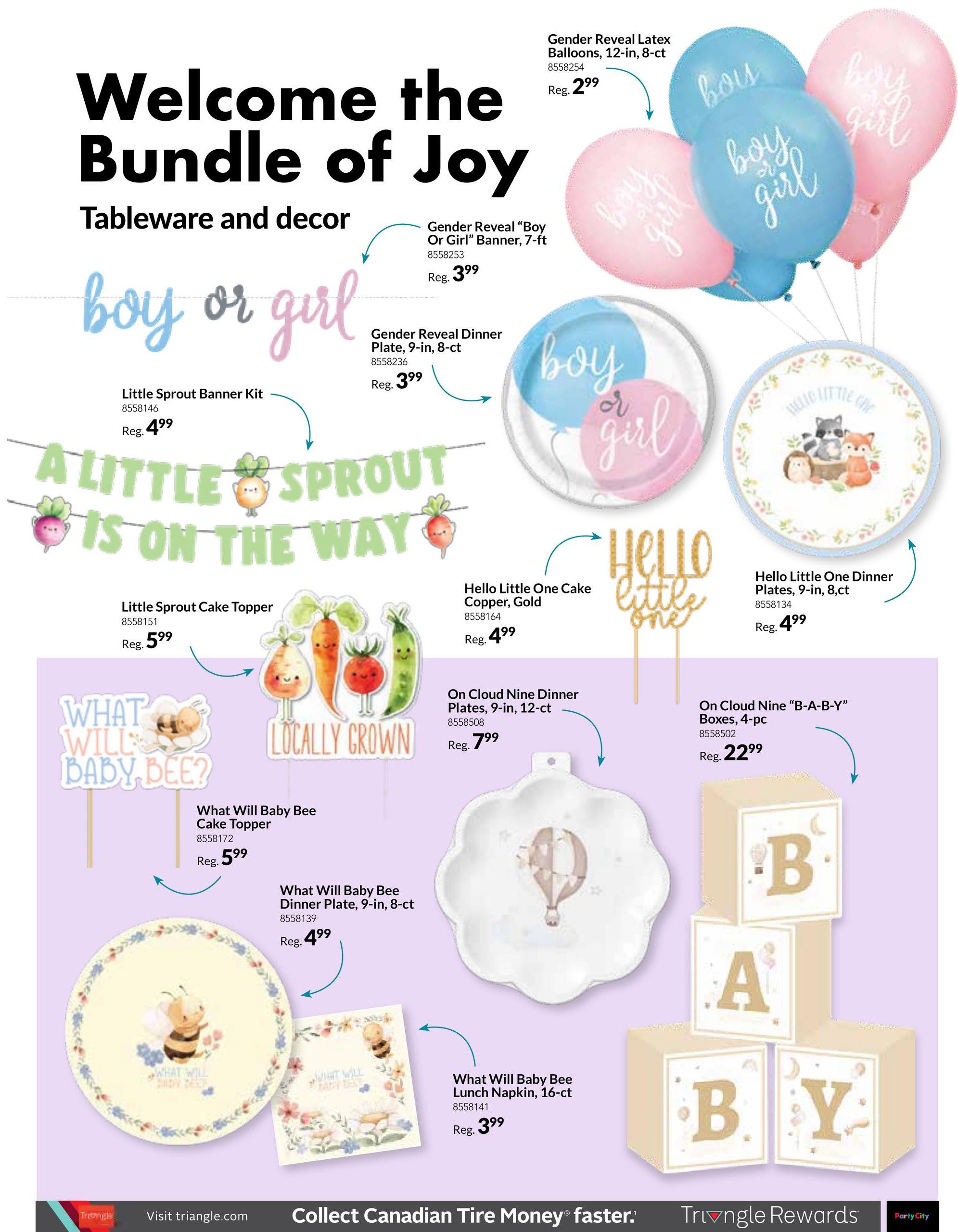 Party City flyer page 8, featuring tableware and decor for celebrations. Products include Gender Reveal Latex Balloons, 8-ct for $2.99, Gender Reveal 'Boy Or Girl' Banner, 7-ft for $3.99, Gender Reveal Dinner Plates, 9-in, 8-ct for $3.99, Little Sprout Banner Kit for $4.99, Little Sprout Cake Topper for $5.99, Hello Little One Cake Copper, Gold for $4.99, Hello Little One Dinner Plates, 9-in, 8-ct for $4.99, On Cloud Nine Dinner Plates, 9-in, 12-ct for $7.99, On Cloud Nine 'B-A-B-Y' Boxes, 4-pc for $22.99, What Will Baby Bee Cake Topper for $5.99, What Will Baby Bee Dinner Plate, 9-in, 8-ct for $4.99, and What Will Baby Bee Lunch Napkin, 16-ct for $3.99.