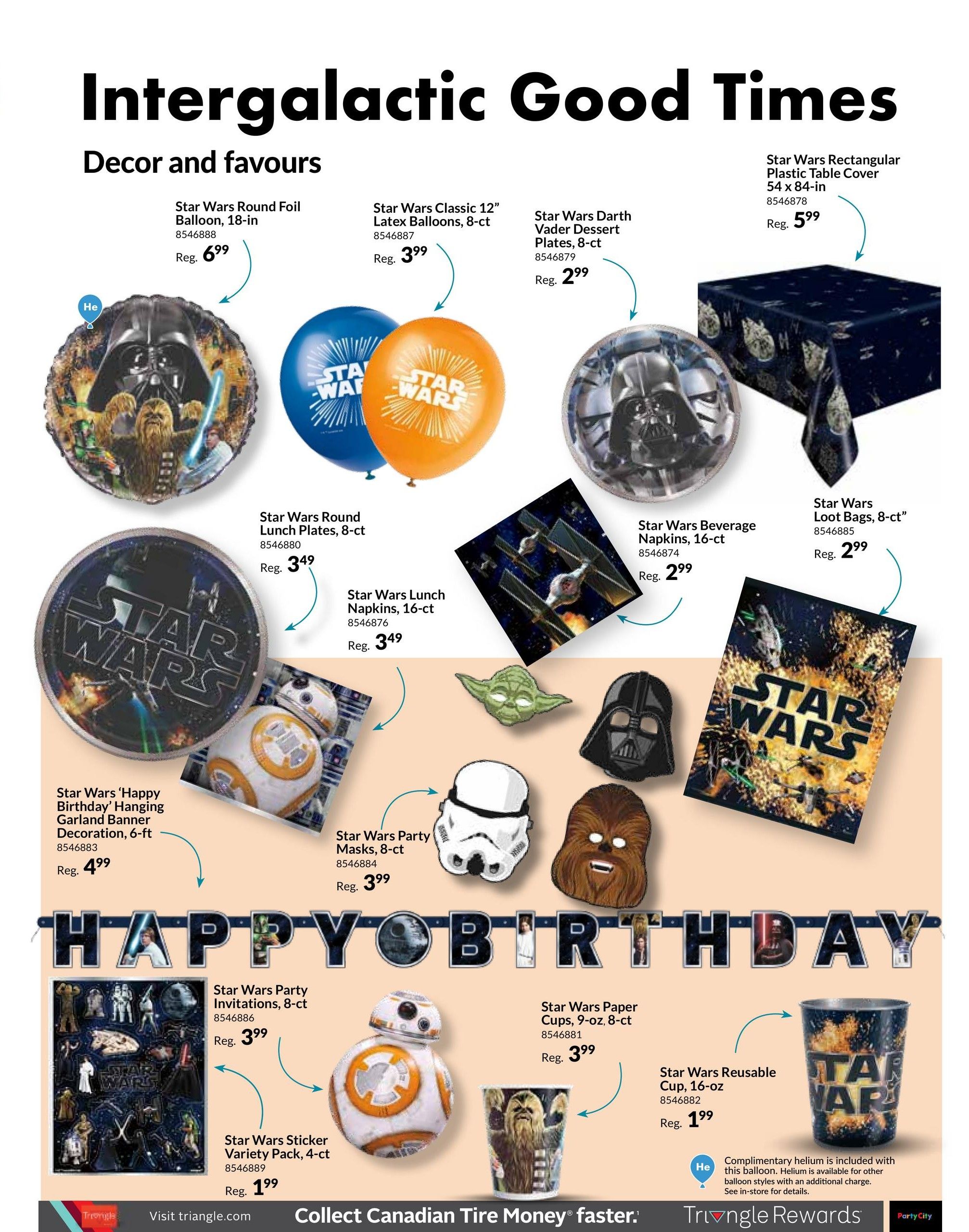 Party City flyer, page 9, featuring Star Wars themed decor and party supplies under the 'Intergalactic Good Times' theme. Products include a Star Wars Round Foil Balloon for $6.99, Star Wars Classic 12' Latex Balloons (8-ct) for $3.99, Star Wars Darth Vader Dessert Plates (8-ct) for $2.99, and a Star Wars Rectangular Plastic Table Cover (54 x 84-in) for $5.99. Also available are Star Wars Round Lunch Plates (8-ct) for $3.49, Star Wars Lunch Napkins (16-ct) for $3.49, Star Wars Beverage Napkins (16-ct) for $2.99, and Star Wars Loot Bags (8-ct) for $2.99. Additional items include a Star Wars 'Happy Birthday' Hanging Garland Decoration (6-ft) for $4.99, Star Wars Party Masks (8-ct) for $3.99, Star Wars Party Invitations (8-ct) for $3.99, Star Wars Sticker Variety Pack (4-ct) for $1.99, Star Wars Paper Cups (9-oz, 8-ct) for $3.99, and a Star Wars Reusable Cup (16-oz) for $1.99. Complimentary helium is included with balloon purchases; see in-store for details on other balloon styles.