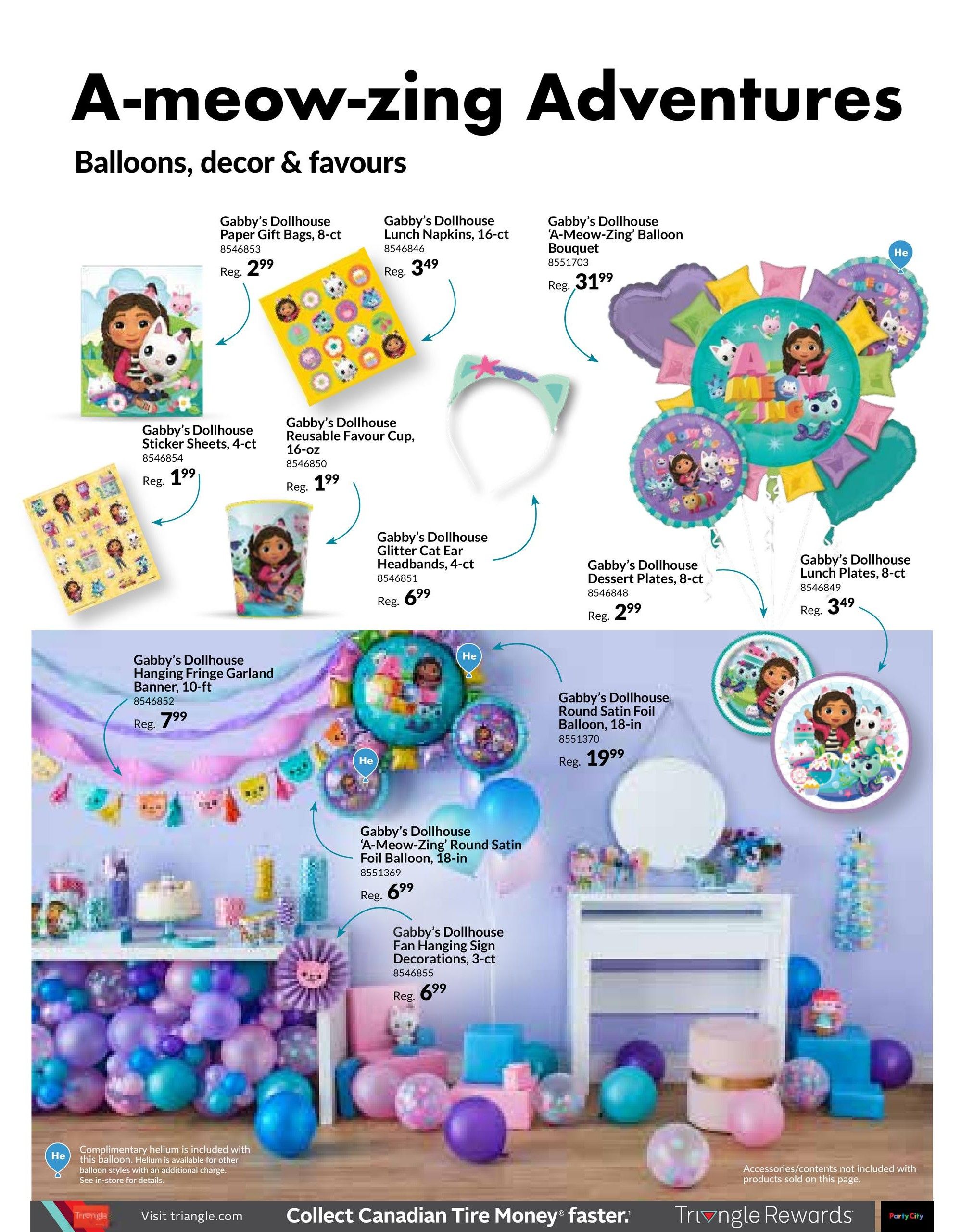 Party City flyer page 10 featuring Gabby's Dollhouse themed party supplies. Products include Gabby's Dollhouse Paper Gift Bags, 8-ct for $2.99, Gabby's Dollhouse Sticker Sheets, 4-ct for $1.99, Gabby's Dollhouse Reusable Favour Cup, 16-oz for $1.99, Gabby's Dollhouse Lunch Napkins, 16-ct for $3.49, Gabby's Dollhouse Glitter Cat Ear Headbands, 4-ct for $6.99, Gabby's Dollhouse 'A-Meow-Zing' Balloon Bouquet for $31.99, Gabby's Dollhouse Dessert Plates, 8-ct for $2.99, Gabby's Dollhouse Lunch Plates, 8-ct for $3.49, Gabby's Dollhouse Hanging Fringe Garland Banner, 10-ft for $7.99, Gabby's Dollhouse Round Satin Foil Balloon, 18-in for $19.99, Gabby's Dollhouse 'A-Meow-Zing' Round Satin Foil Balloon, 18-in for $6.99, and Gabby's Dollhouse Fan Hanging Sign Decorations, 3-ct for $6.99. Complimentary helium is included with select balloons. Accessories and contents not included with products sold on this page.