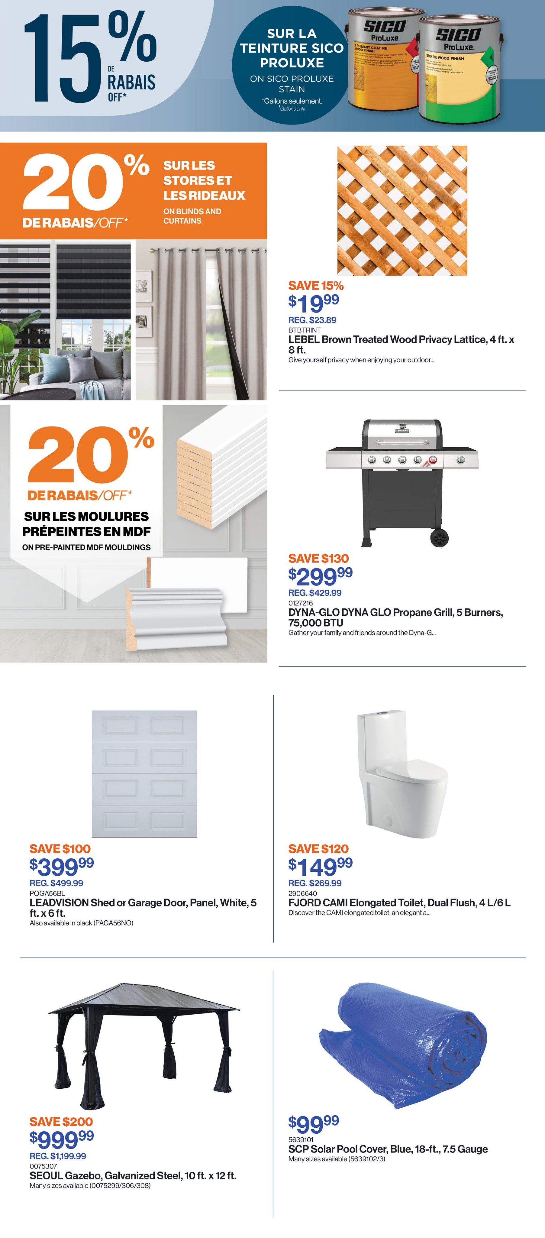 Patrick Morin flyer page 2 features a 15% discount on Sico Proluxe stain and 20% off on blinds and curtains. Also, enjoy 20% off pre-painted MDF mouldings. Featured products include LEBEL Brown Treated Wood Privacy Lattice, 4 ft. x 8 ft., on sale for $19.99 (regularly $23.89). The DYNA-GLO Propane Grill, 5 Burners, 75,000 BTU, is available for $299.99 (regularly $429.99), saving $130. The LEADVISION Shed or Garage Door, Panel, White, 5 ft. x 6 ft., is priced at $399.99 (regularly $499.99), saving $100. The FJORD CAMI Elongated Toilet, Dual Flush, 4 L/6 L, is on sale for $149.99 (regularly $269.99), saving $120. Additionally, the SEOUL Gazebo, Galvanized Steel, 10 ft. x 12 ft., is available for $999.99 (regularly $1,199.99), saving $200. A SCP Solar Pool Cover, Blue, 18-ft., 7.5 Gauge, is priced at $99.99.