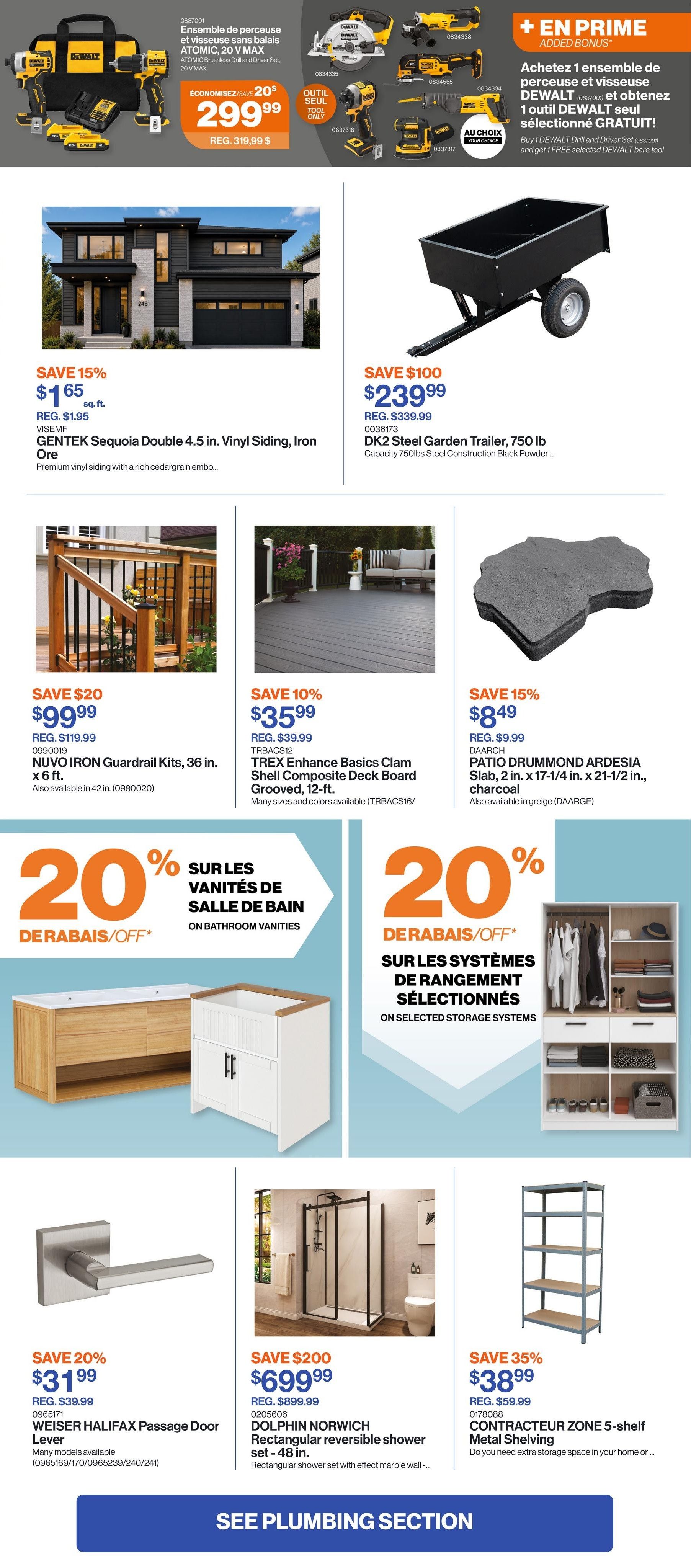 Patrick Morin Weekly Flyer Specials Page 5. Top section features a DeWalt drill and driver set on sale for $299.99, regularly $319.99, with a bonus offer for a free tool. Below, GENTEK Sequoia Double 4.5 in. Vinyl Siding in Iron Ore is on sale for $1.65 per sq. ft., down from $1.95. A DK2 Steel Garden Trailer, 750 lb capacity, is priced at $239.99, a saving of $100 from the regular $339.99. NUVO IRON Guardrail Kits, 36 in. x 6 ft., are on sale for $99.99, a $20 saving from $119.99. TREX Enhance Basics Clam Shell Composite Deck Board Grooved, 12-ft., is on sale for $35.99, a 10% discount from $39.99. DAARCH PATIO DRUMMOND ARDESIA Slabs, 2 in. x 17-1/4 in. x 21-1/2 in., charcoal, are on sale for $8.49, a 15% saving from $9.99. There is a 20% discount on bathroom vanities. Also featured is a 20% discount on selected storage systems. WEISER HALIFAX Passage Door Lever is on sale for $31.99, a 20% saving from $39.99. The DOLPHIN NORWICH Rectangular reversible shower set - 48 in. is on sale for $699.99, a $200 saving from $899.99. CONTRACTEUR ZONE 5-shelf Metal Shelving is on sale for $38.99, a 35% saving from $59.99. A button to 'SEE PLUMBING SECTION' is also visible.