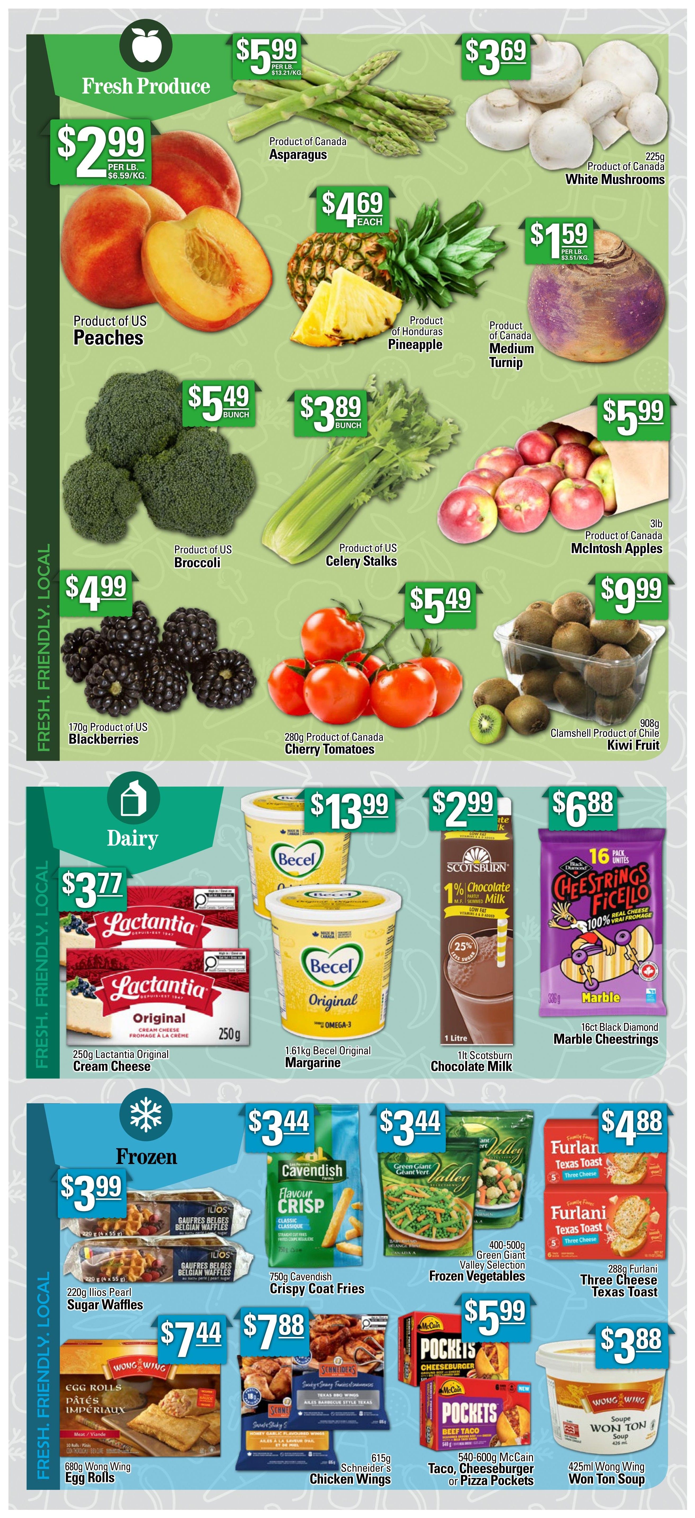 Powell's Supermarket Weekly Flyer Specials Page 5. Fresh Produce section features US Peaches for $2.99 per lb, Product of Canada Asparagus for $5.99 per lb, Product of Honduras Pineapple for $4.69 each, Product of Canada White Mushrooms for $3.69, Product of Canada Medium Turnip for $1.59 per lb, US Broccoli for $5.49 per bunch, US Celery Stalks for $3.89 per bunch, 170g Product of US Blackberries for $4.99, 280g Product of Canada Cherry Tomatoes for $5.49, 3lb Product of Canada McIntosh Apples for $5.99, and 908g Clamshell Product of Chile Kiwi Fruit for $9.99. Dairy section includes 250g Lactantia Original Cream Cheese for $3.77, 1.61kg Becel Original Margarine for $13.99, 1 litre Scotsburn 1% Chocolate Milk for $2.99, and 336g 16 pack Black Diamond Marble Cheestrings for $6.88. Frozen section offers 220g Ilios Pearl Sugar Waffles for $3.99, 750g Cavendish Crispy Coat Fries for $3.44, 400-500g Green Giant Valley Selection Frozen Vegetables for $3.44, 288g Furlani Texas Toast Three Cheese for $4.88, 680g Wong Wing Egg Rolls for $7.44, 615g Schneider's Chicken Wings for $7.88, 540-600g McCain Taco, Cheeseburger or Pizza Pockets for $5.99, and 425ml Wong Wing Won Ton Soup for $3.88.