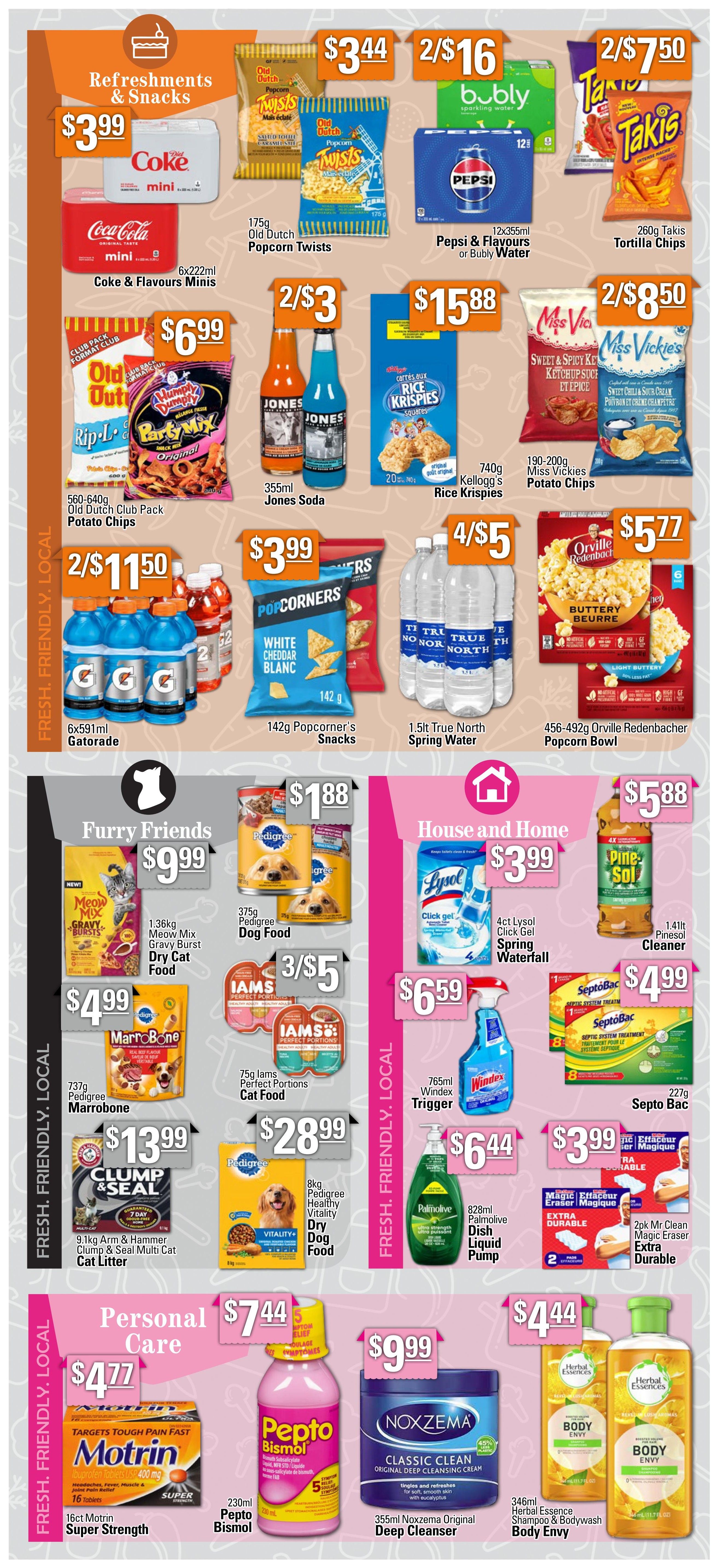 Powell's Supermarket weekly flyer specials page 7 features Refreshments & Snacks including Coke & Flavours Minis 6x222ml for $3.99, Old Dutch Popcorn Twists 175g for $3.44, Pepsi & Flavours or Bubly Water 12x355ml for $2/16, and Takis Tortilla Chips 260g for $2/7.50. Also available are Old Dutch Club Pack Potato Chips 560-640g for $6.99, Jones Soda 355ml for $2/3, Kellogg's Rice Krispies Squares 740g for $15.88, and Miss Vickies Potato Chips 190-200g for $2/8.50. Refreshments continue with Gatorade 6x591ml for $2/11.50, Popcorners Snacks 142g for $3.99, True North Spring Water 1.5lt for $4/5, and Orville Redenbacher Popcorn Bowl 456-492g for $5.77. The Furry Friends section offers Meow Mix Gravy Burst Dry Cat Food 1.36kg for $9.99, Pedigree Dog Food 375g for $1.88, MarroBone 737g for $4.99, Iams Perfect Portions Cat Food 75g for $3/5, and Clump & Seal Multi Cat Litter 9.1kg for $13.99, plus Pedigree Healthy Vitality Dry Dog Food 8kg for $28.99. The House and Home section includes Lysol Click Gel Spring Waterfall 4ct for $3.99, Windex Trigger 765ml for $6.59, Palmolive Dish Liquid Pump 828ml for $6.44, Pinesol Cleaner 1.41lt for $5.88, Septo Bac 227g for $4.99, and Mr Clean Magic Eraser Extra Durable 2pk for $3.99. Personal Care items feature Motrin Super Strength 16 Tablets for $4.77, Pepto Bismol 230ml for $7.44, Noxzema Original Deep Cleanser 355ml for $9.99, and Herbal Essence Shampoo & Bodywash 346ml for $4.44.