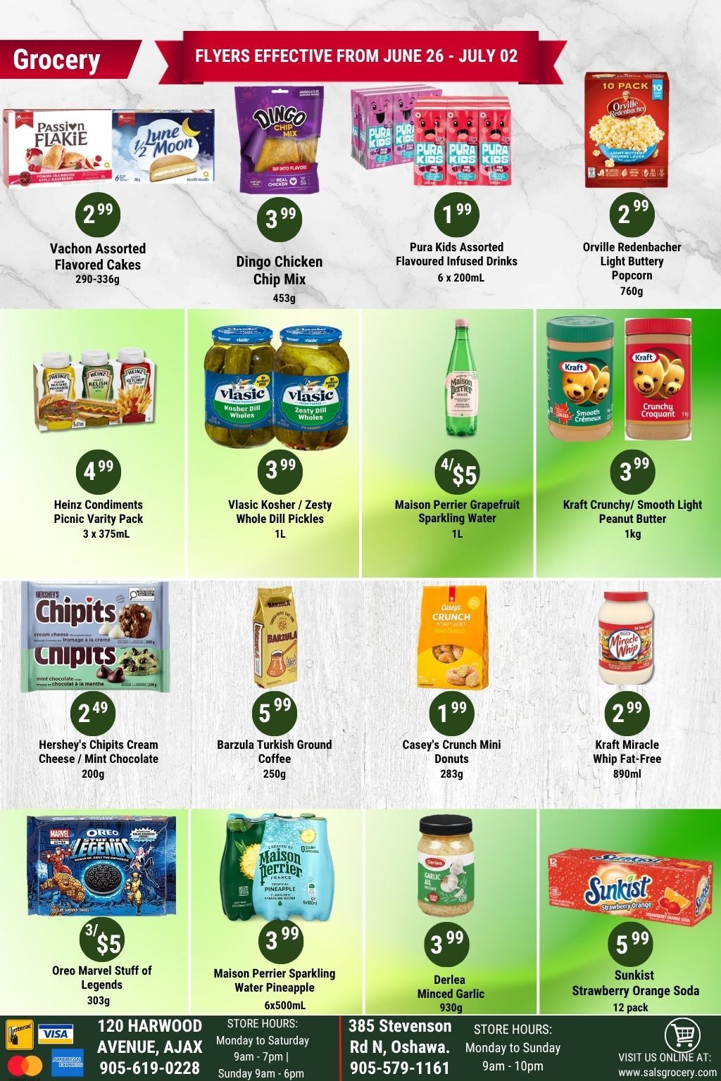 Sal's Grocery weekly flyer specials page 6 includes Vachon Assorted Flavored Cakes for $2.99, Dingo Chicken Chip Mix for $3.99, Pura Kids Assorted Flavoured Infused Drinks 6 x 200mL for $1.99, and Orville Redenbacher Light Buttery Popcorn 760g for $2.99. Also featured are Heinz Condiments Picnic Variety Pack 3 x 375mL for $4.99, Vlasic Kosher / Zesty Whole Dill Pickles 1L for $3.99, Maison Perrier Grapefruit Sparkling Water 1L for 4/$5, and Kraft Crunchy/Smooth Light Peanut Butter 1kg for $3.99. Additional items include Hershey's Chipits Cream Cheese / Mint Chocolate 200g for $2.49, Barzula Turkish Ground Coffee 250g for $5.99, Casey's Crunch Mini Donuts 283g for $1.99, and Kraft Miracle Whip Fat-Free 890ml for $2.99. The bottom row showcases Oreo Marvel Stuff of Legends 303g for 3/$5, Maison Perrier Sparkling Water Pineapple 6x500mL for $3.99, Derlea Minced Garlic 930g for $3.99, and Sunkist Strawberry Orange Soda 12 pack for $5.99.