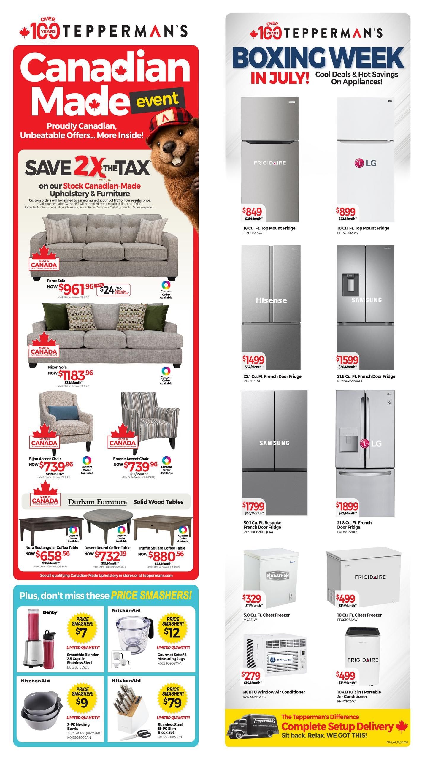 Tepperman's Canadian-Made Event: Save 2X The Tax on select Canadian-Made Upholstery & Furniture. Features 50 months to pay with 0% interest and no deposit. Highlights include the Halston Sectional starting at $3403.96, with monthly payments of $73. Also featured is the Canadel Gourmet Shadow Dining Set starting at $1339.36 for a dining table. The Mako Legacy Bedroom set is available starting from $1035.96 for a Queen 3-PC Bed. The Vokes Louis Rustique Bedroom set starts at $1701.96 for a Queen 3-PC Bed. Exclusive to Tepperman's in Canada, the Belcourt Tight Top Mattress is starting from $813.96 for a Twin. Save 2X The Tax is also available on Drew and Jonathan Belcourt and Cambria Mattresses. A special 4 Days Only 'Save The Tax' event runs July 3-6 on regular priced furniture. Shop online for even more deals at teppermans.com.