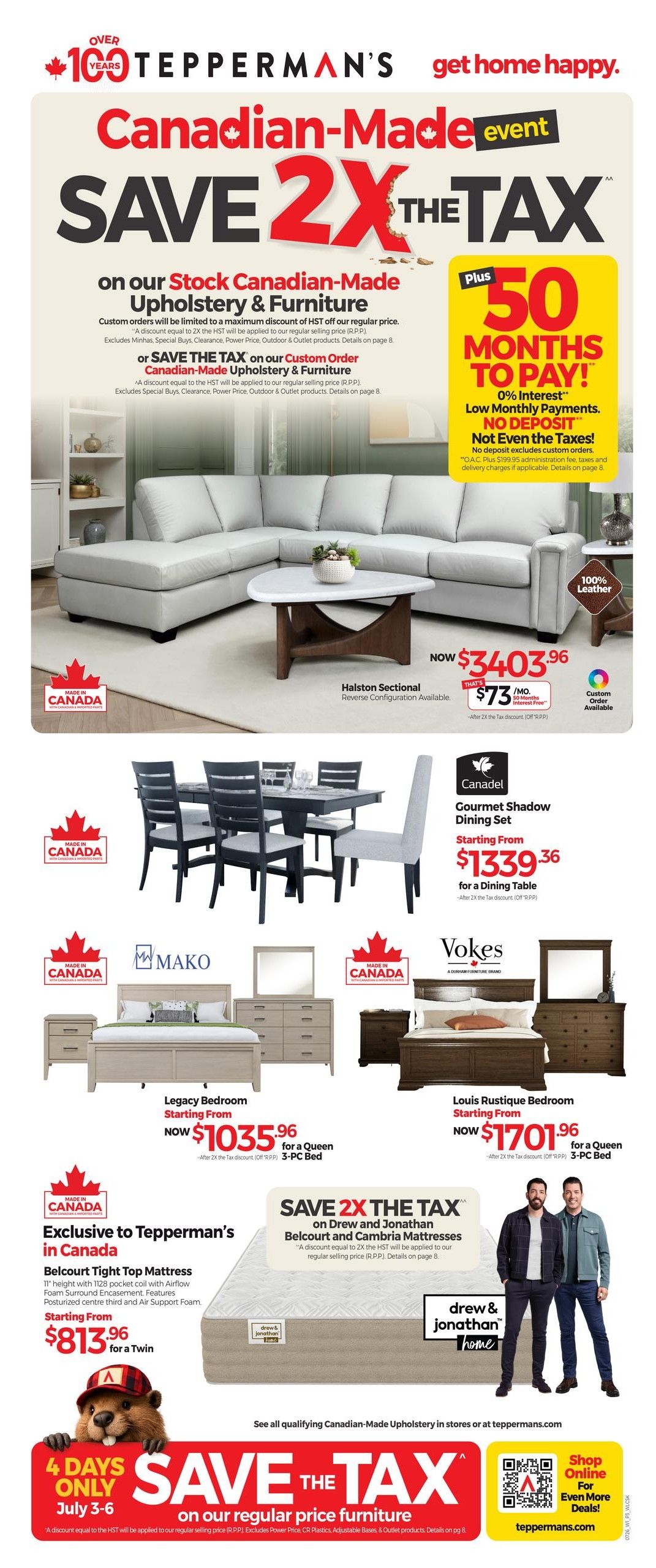 Tepperman's Canadian Made Event flyer page featuring 'Save 2X the Tax' on stock Canadian-made upholstery and furniture. Featured items include the Force Sofa now $961.96 ($24/month), Nixon Sofa now $1183.96 ($28/month), Bijou Accent Chair now $739.96 ($19/month), and Emerie Accent Chair now $739.96 ($19/month). Also on display are Durham Furniture Solid Wood Tables: Nero Rectangular Coffee Table for $658.56 ($18/month), Desert Round Coffee Table for $732.19 ($19/month), and Truffle Square Coffee Table for $880.56 ($22/month). The right side of the page highlights 'Boxing Week in July' appliance deals. Appliances include a Frigidaire 18 Cu. Ft. Top Mount Fridge for $849 ($21/month), LG 10 Cu. Ft. Top Mount Fridge for $899 ($22/month), Hisense 22.1 Cu. Ft. French Door Fridge for $1499 ($34/month), Samsung 21.8 Cu. Ft. French Door Fridge for $1599 ($36/month), Samsung 30.1 Cu. Ft. French Door Fridge for $1799 ($40/month), and LG 21.8 Cu. Ft. French Door Fridge for $1899 ($42/month). Additional appliance deals include a Marathon 5.0 Cu. Ft. Chest Freezer for $329 ($11/month), Frigidaire 10 Cu. Ft. Chest Freezer for $499 ($14/month), GE 6K BTU Window Air Conditioner for $279 ($10/month), and Frigidaire 10K BTU Portable Air Conditioner for $499 ($14/month). Below these are 'Plus, don't miss these PRICE SMASHERS!' with a Danby Smoothie Blender for $7, a KitchenAid Gourmet Set of 3 Measuring Jugs for $12, a KitchenAid 3-Pc Nesting Bowls set for $9, and a KitchenAid Stainless Steel 15-Pc Slim Block Set for $79. The bottom right corner features Tepperman's Complete Setup Delivery service.