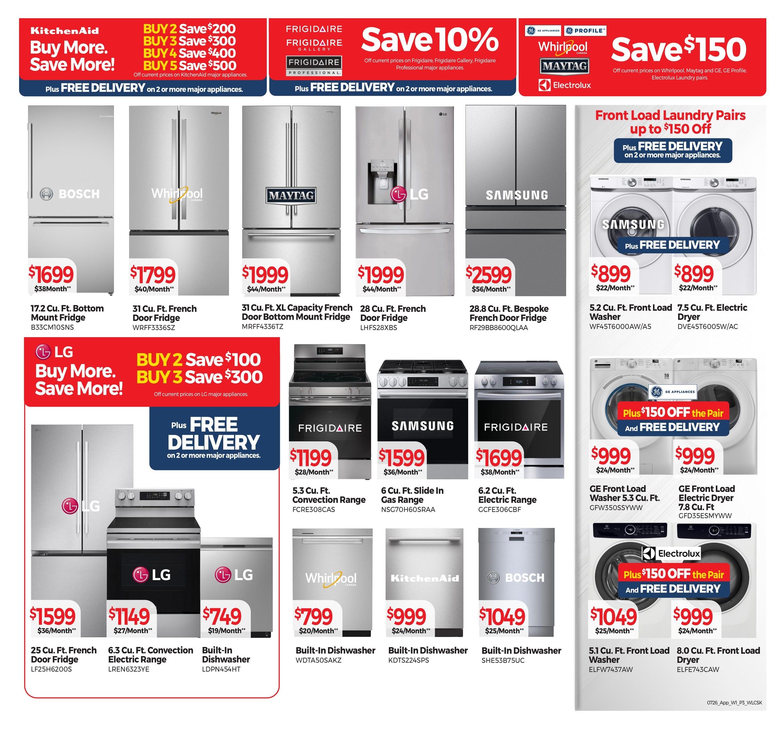 Tepperman's weekly flyer specials page 11 features major appliance deals. KitchenAid offers savings of up to $500 when you buy 2 to 5 major appliances, with free delivery on 2 or more. Featured refrigerators include a Bosch 17.2 cu. ft. bottom mount fridge for $1699, a Whirlpool 31 cu. ft. French door fridge for $1799, a Maytag 31 cu. ft. XL capacity French door bottom mount fridge for $1999, an LG 28 cu. ft. French door fridge for $1999, and a Samsung 28.8 cu. ft. bespoke French door fridge for $2599. Frigidaire offers 10% off select appliances. Front load laundry pairs are up to $150 off with free delivery on 2 or more appliances, including Samsung washers and dryers for $899 each, and GE Profile front load washer and dryer pairs for $999 each. LG offers savings of up to $300 when you buy 2 or 3 major appliances. Featured ranges include a Frigidaire 5.3 cu. ft. convection range for $1199, a Samsung 6 cu. ft. slide-in gas range for $1599, and a Frigidaire 6.2 cu. ft. electric range for $1699. Also featured are LG appliances: a 25 cu. ft. French door fridge for $1599, a 6.3 cu. ft. convection electric range for $1149, and a built-in dishwasher for $749. Additional built-in dishwashers include a Whirlpool for $799, a KitchenAid for $999, and a Bosch for $1049. Electrolux front load laundry pairs are $150 off the pair plus free delivery, with a washer for $1049 and a dryer for $999.