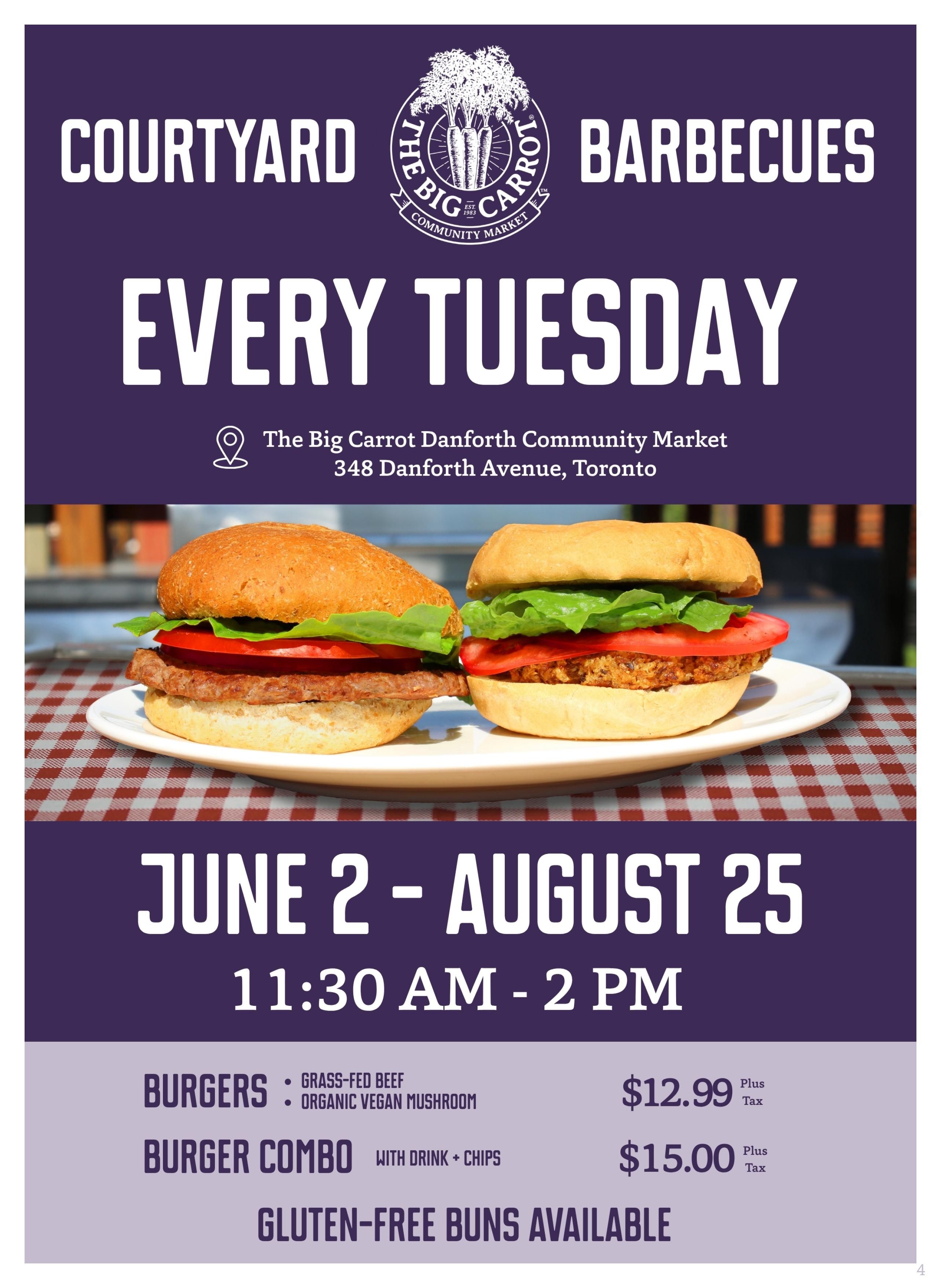 The Big Carrot Courtyard BBQs flyer, page 4. Featuring 'Every Tuesday' specials from June 2 to August 25, from 11:30 AM to 2 PM at The Big Carrot Danforth Community Market, 348 Danforth Avenue, Toronto. Offers include Grass-Fed Beef Burgers or Organic Vegan Mushroom Burgers for $12.99 plus tax. A Burger Combo with drink and chips is available for $15.00 plus tax. Gluten-free buns are also available.