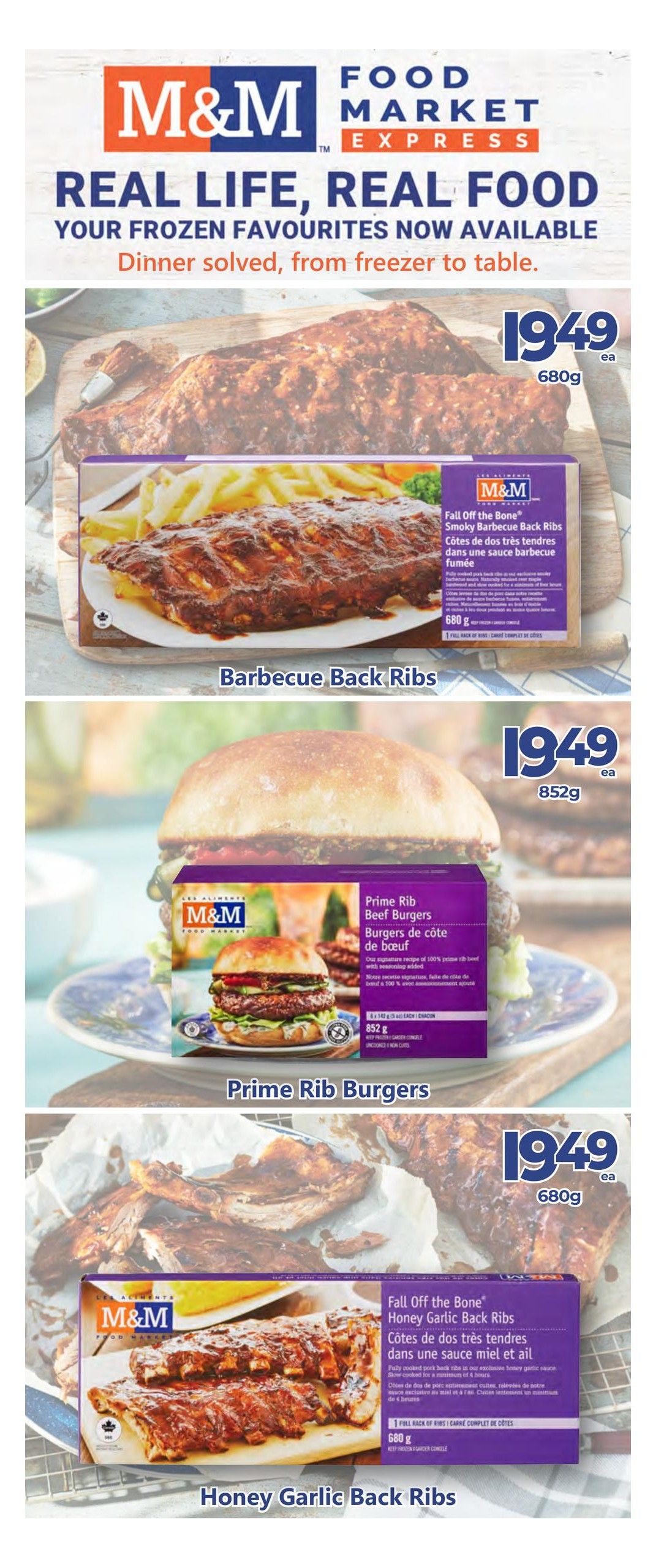 Vince's Market flyer page 7 features M&M Food Market Express frozen favourites. Highlighted are Fall Off the Bone Barbecue Back Ribs for $19.49 per 680g package, Prime Rib Burgers for $19.49 per 852g package, and Fall Off the Bone Honey Garlic Back Ribs for $19.49 per 680g package. The page slogan reads 'Real Life, Real Food' and 'Dinner solved, from freezer to table.