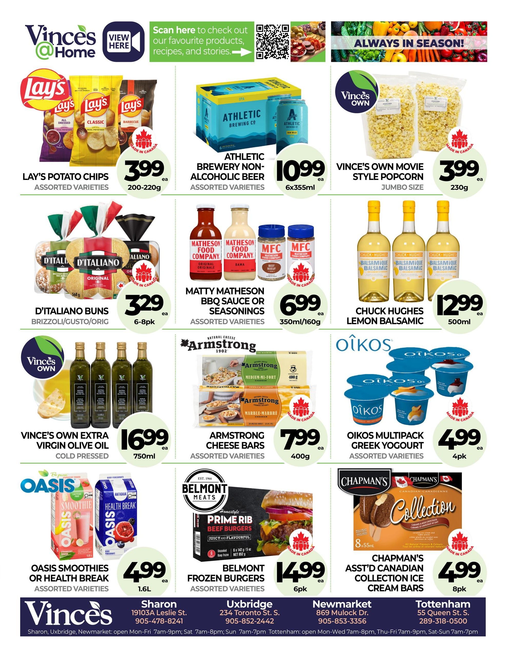 Vince's Market flyer page 9 features a variety of grocery specials. Lay's Potato Chips are on sale for $3.99 for 200-220g bags. Athletic Brewery Non-Alcoholic Beer is $10.99 for a 6x355ml pack. Vince's Own Movie Style Popcorn (Jumbo Size) is $3.99 for 230g. D'Italiano Buns (Brizzoli/Gusto/Original) are $3.29 for a 6-8 pack. Matty Matheson BBQ Sauce or Seasonings are $6.99 for 350ml/160g, assorted varieties. Chuck Hughes Lemon Balsamic is $12.99 for 500ml. Vince's Own Extra Virgin Olive Oil (Cold Pressed) is $16.99 for 750ml. Armstrong Cheese Bars (Medium-Ni-Fort Cheddar) are $7.99 for 400g. Oikos Multipack Greek Yogurt is $4.99 for a 4-pack, assorted varieties. Oasis Smoothies or Health Break drinks are $4.99 for 1.6L, assorted varieties. Belmont Frozen Burgers (Prime Rib Beef Burgers) are $14.99 for a 6-pack, assorted varieties. Chapman's Asst'd Canadian Collection Ice Cream Bars are $4.99 for an 8-pack.