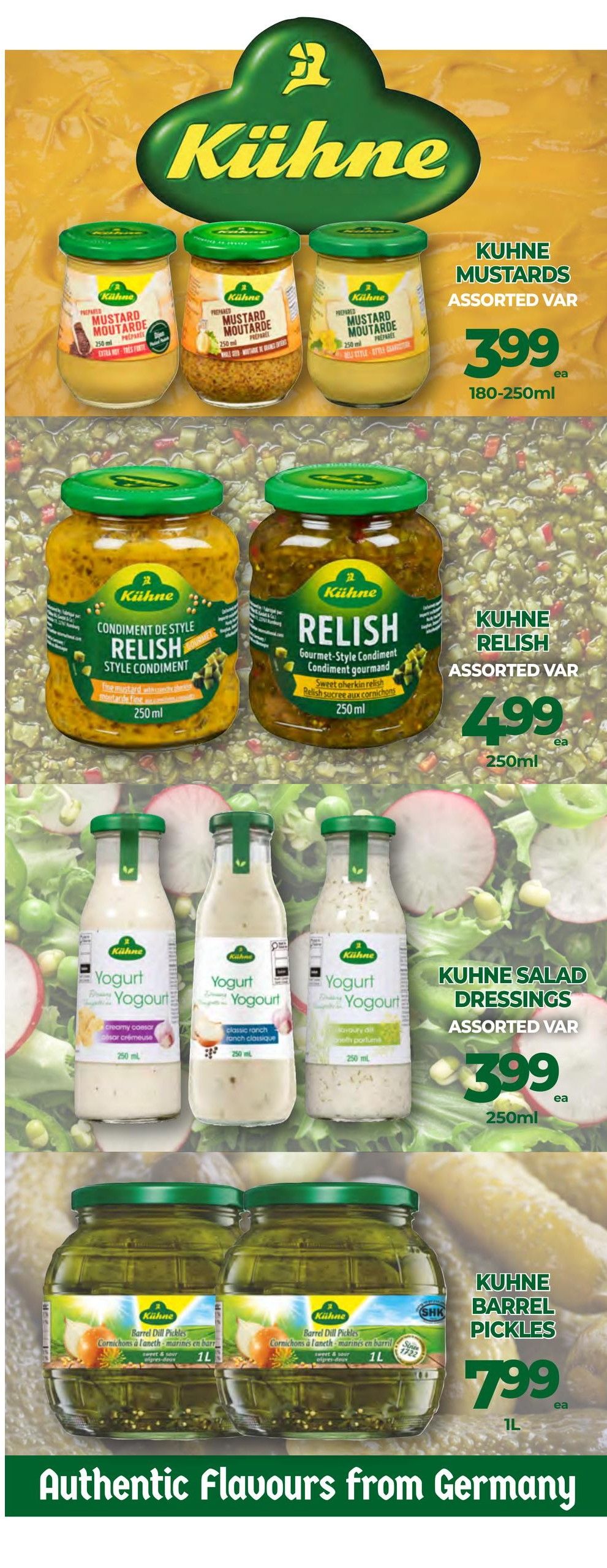 Vince's Market flyer page 10 featuring Kühne products. Kühne Mustards Assorted Varieties are on sale for $3.99 each (180-250ml). Kühne Relish Assorted Varieties are $4.99 each (250ml). Kühne Salad Dressings Assorted Varieties are $3.99 each (250ml). Kühne Barrel Dill Pickles are $7.99 per litre. The page highlights 'Authentic Flavours from Germany'.