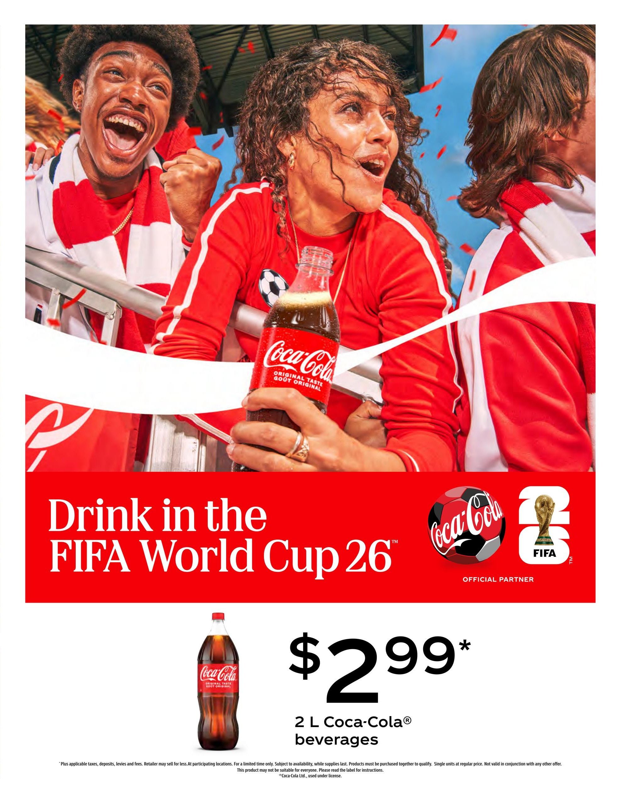 Vince's Market flyer page featuring a promotion for Coca-Cola beverages. The page shows excited fans in red and white attire, celebrating at a sporting event, with confetti falling. The headline reads 'Drink in the FIFA World Cup 26', with Coca-Cola branding and the FIFA World Cup trophy logo. A 2 L bottle of Coca-Cola Original Taste beverage is displayed prominently. The offer is 2 L Coca-Cola beverages for $2.99. Additional text notes that this is an official partnership and includes fine print regarding taxes, deposits, levies, fees, availability, and purchase conditions.
