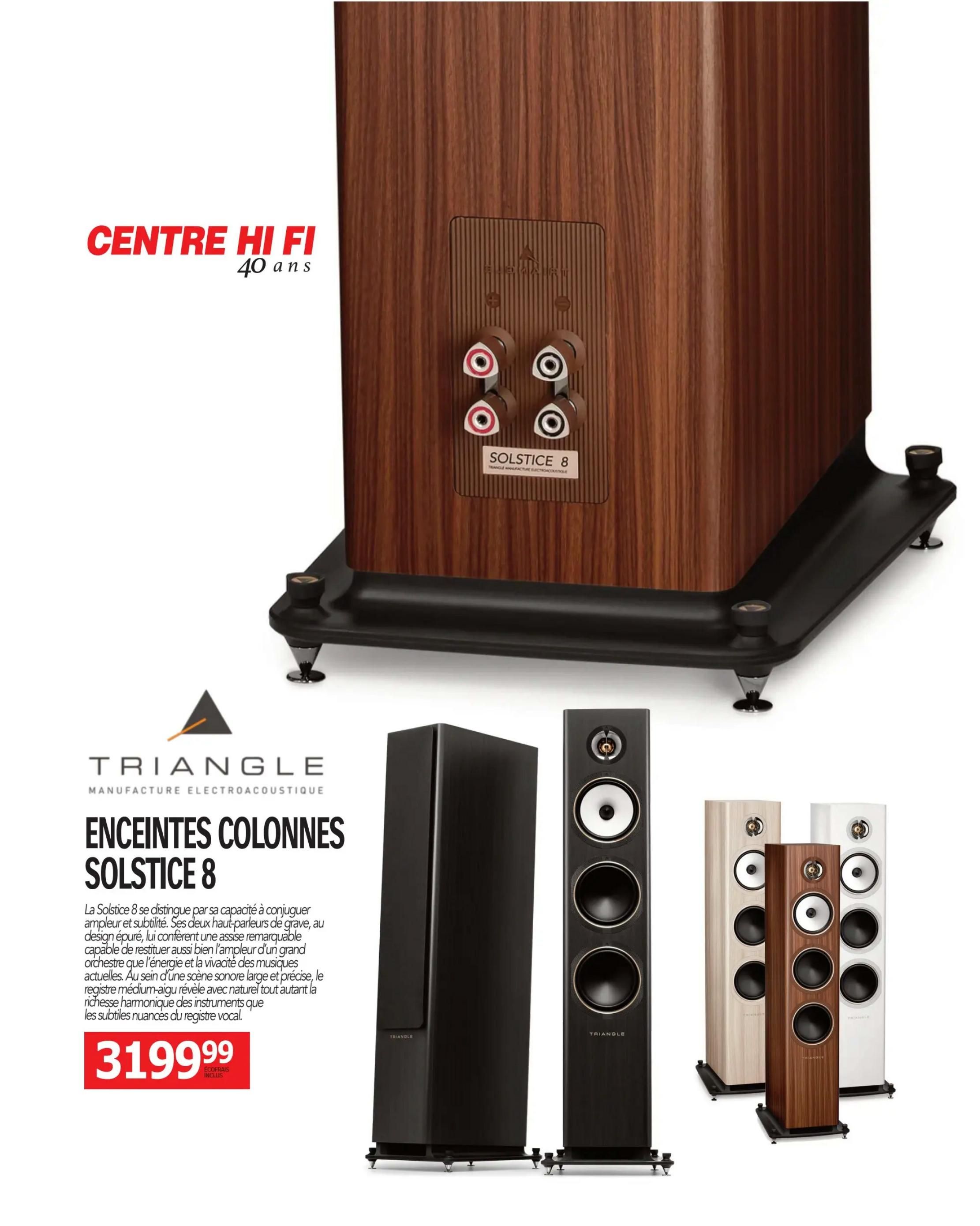 Centre Hi-Fi flyer, page 3, featuring the TRIANGLE brand's SOLSTICE 8 floorstanding speakers. These speakers are described as combining amplitude and subtlety, with powerful bass drivers and a refined mid-high register for a large and precise soundstage. They are priced at $3199.99, with eco-fees included. The page also shows the speakers in various finishes: black, wood grain, light wood, and white.
