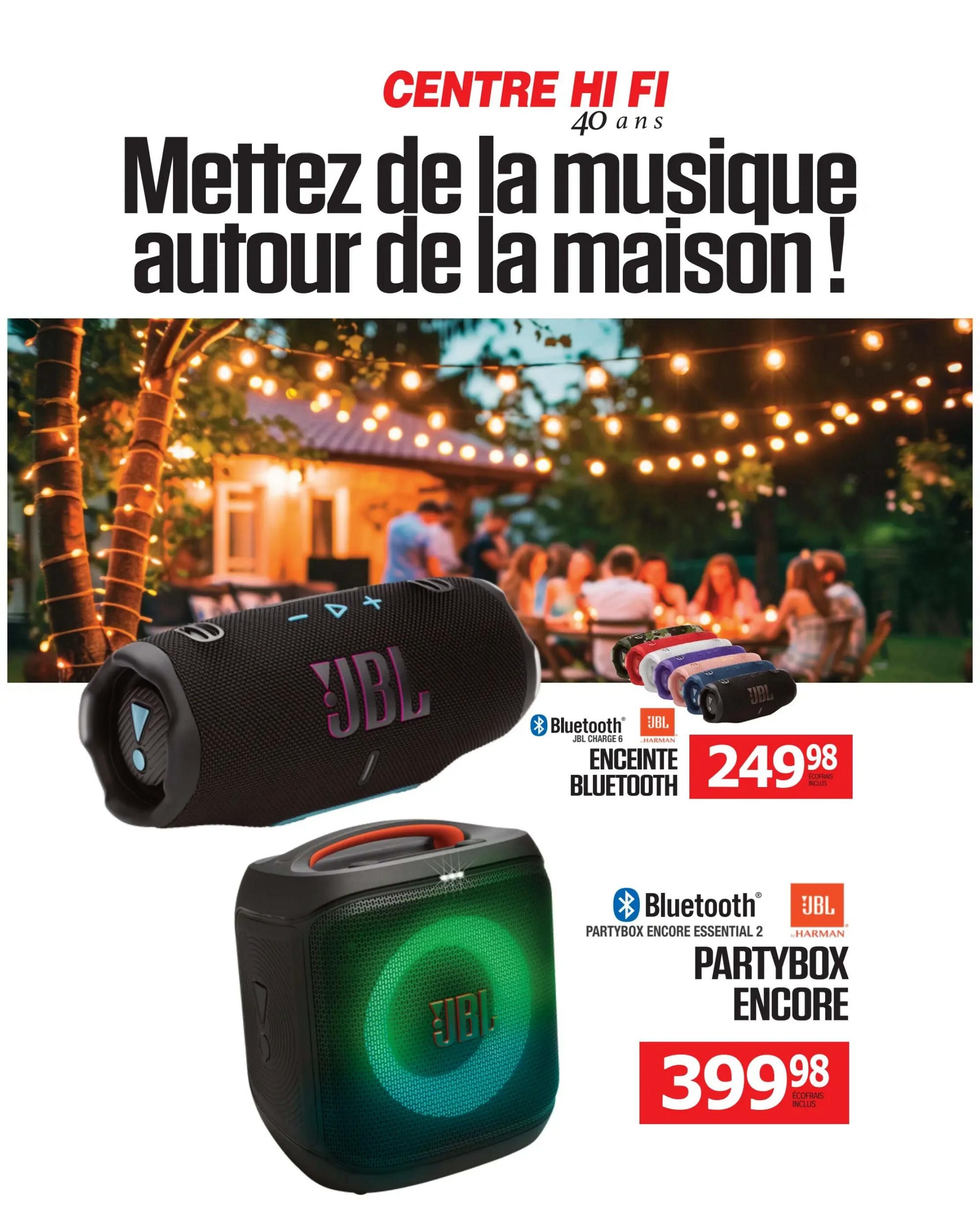 Centre Hi-Fi weekly flyer specials page 5 features JBL Bluetooth speakers for outdoor entertainment. The JBL Charge 5 Bluetooth speaker is shown in multiple colours and priced at $249.98. Also featured is the JBL PartyBox Encore Essential 2 speaker with lights, priced at $399.98. The page headline reads 'Put music around the house!