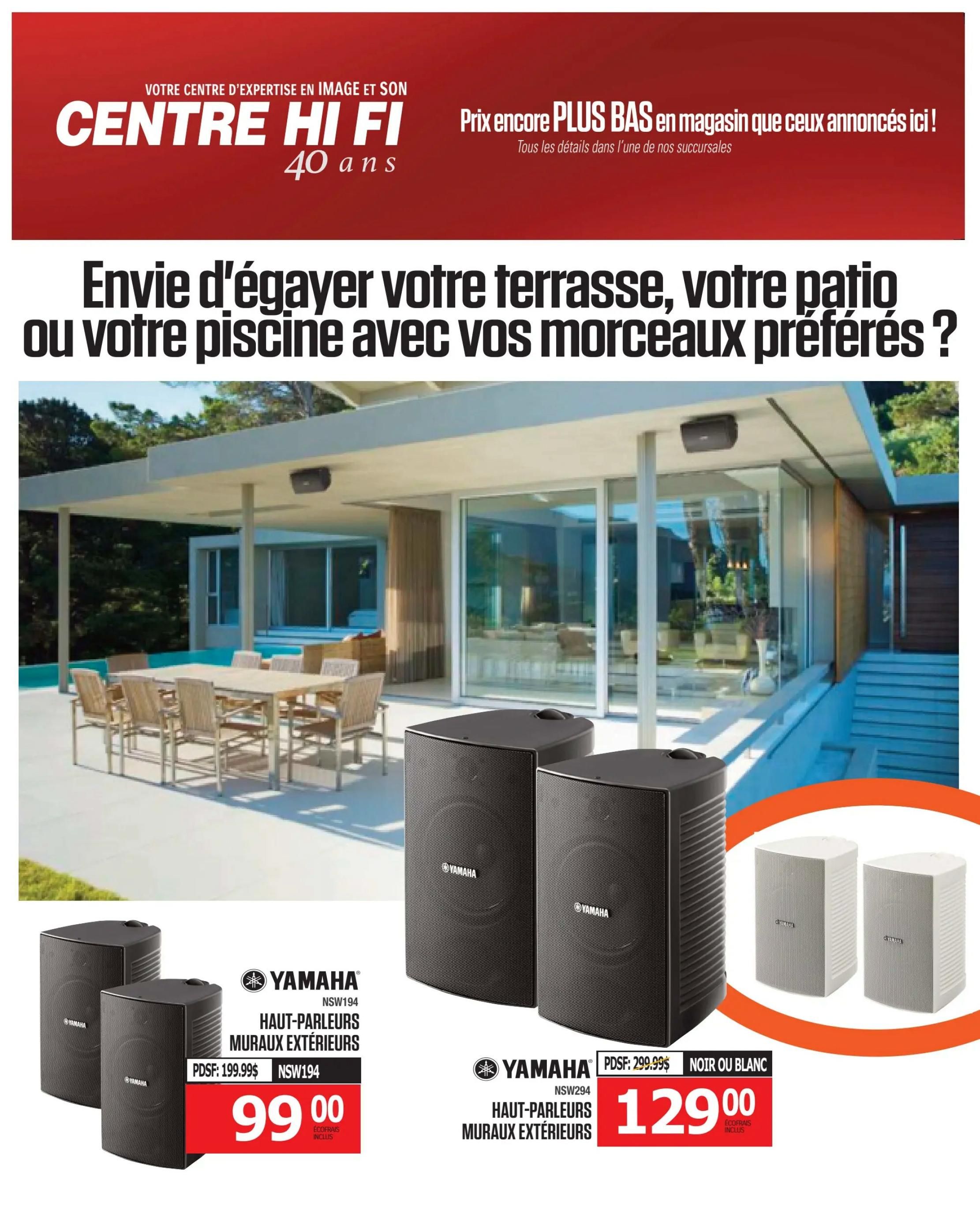 Centre Hi-Fi weekly flyer specials, page 8. Features Yamaha NSW194 outdoor wall-mount speakers for $99.00, originally $199.99. Also features Yamaha NSW294 outdoor wall-mount speakers in black or white for $129.00, originally $299.99. Both prices include eco-fees.