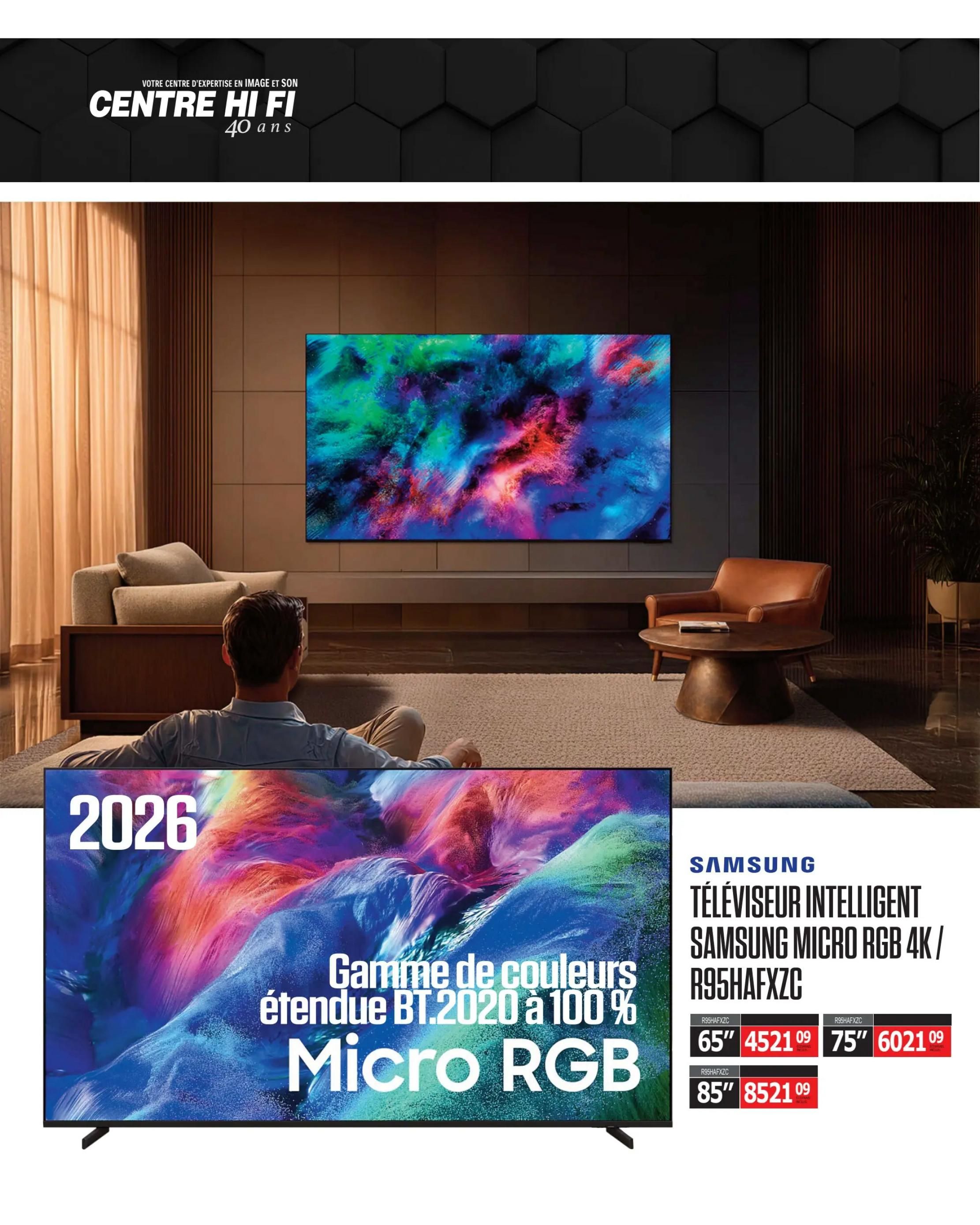 Centre Hi-Fi weekly flyer specials, page 14. Features a Samsung Intelligent Micro RGB 4K TV, model R9SHAFXZC. Available in 65-inch for $4521.09, 75-inch for $6021.09, and 85-inch for $8521.09. The TV boasts an extended colour range up to 100% BT.2020 and Micro RGB technology.