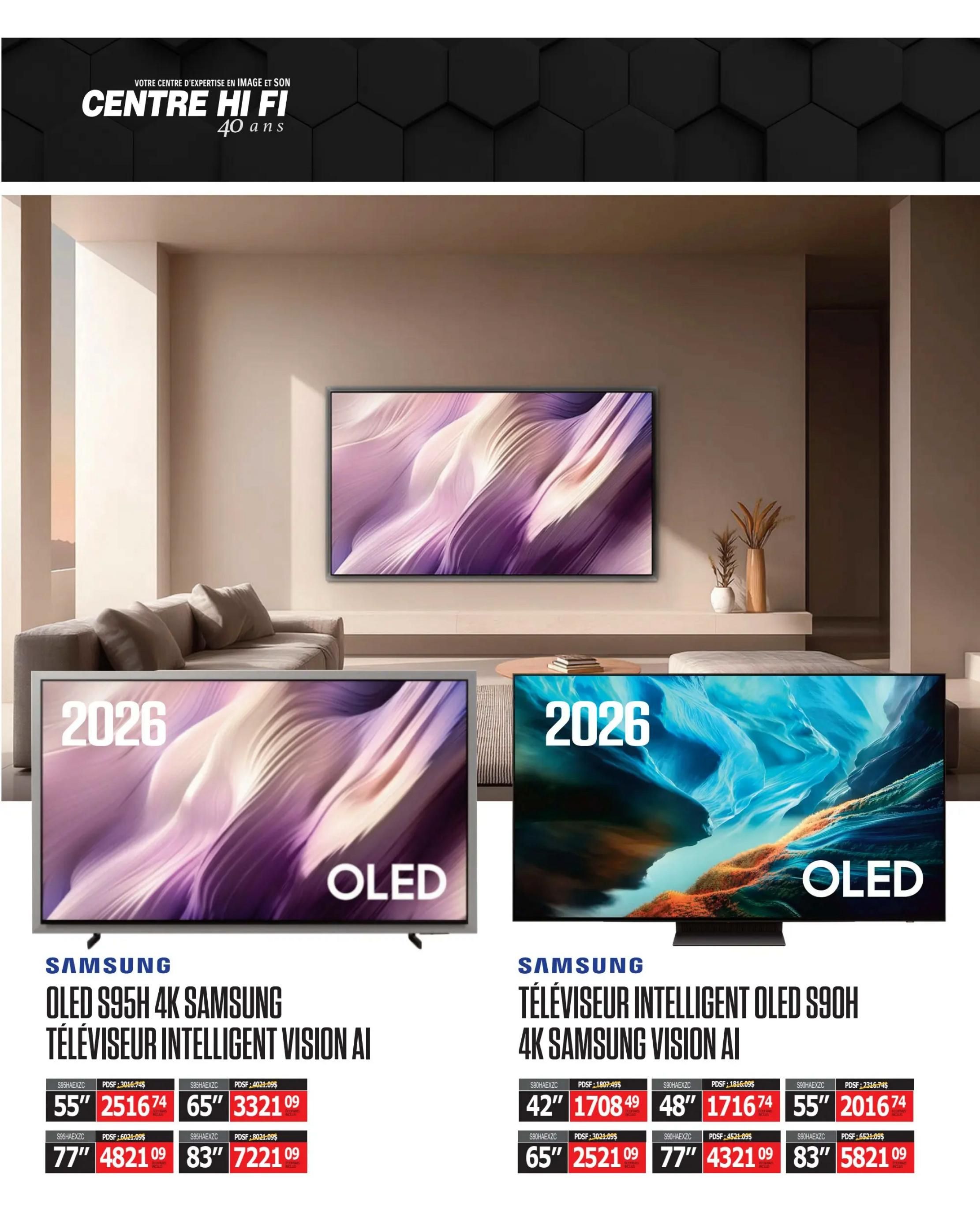 Centre Hi-Fi weekly flyer specials, page 15. Featuring Samsung OLED televisions. On the left, the Samsung OLED S95H 4K Smart TV with Vision AI is available in 55' for $2516.74, 65' for $3321.09, 77' for $4821.09, and 83' for $7221.09. On the right, the Samsung OLED S90H 4K Smart TV with Vision AI is available in 42' for $1708.49, 48' for $1716.74, 55' for $2016.74, 65' for $2521.09, 77' for $4321.09, and 83' for $5821.09.