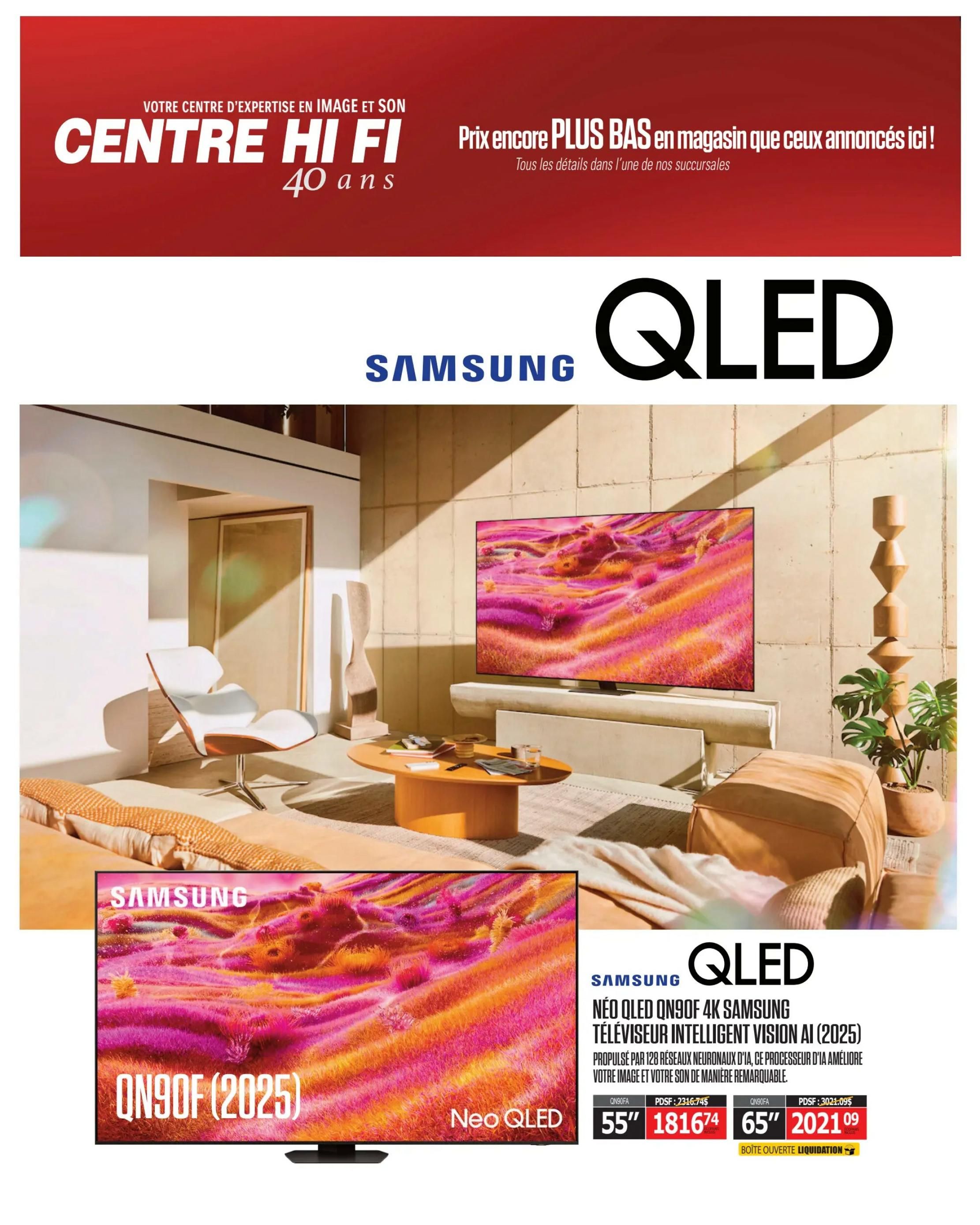 Centre Hi-Fi weekly flyer specials page 25 features the Samsung QN90F 4K Neo QLED Smart TV with Vision AI. This intelligent TV is powered by 128 AI neural networks to enhance your image and sound. Available in a 55-inch size for $1816.74 and a 65-inch size for $2021.09. Both models are listed as 'Boîte Ouverte Liquidation' which translates to 'Open Box Liquidation'.