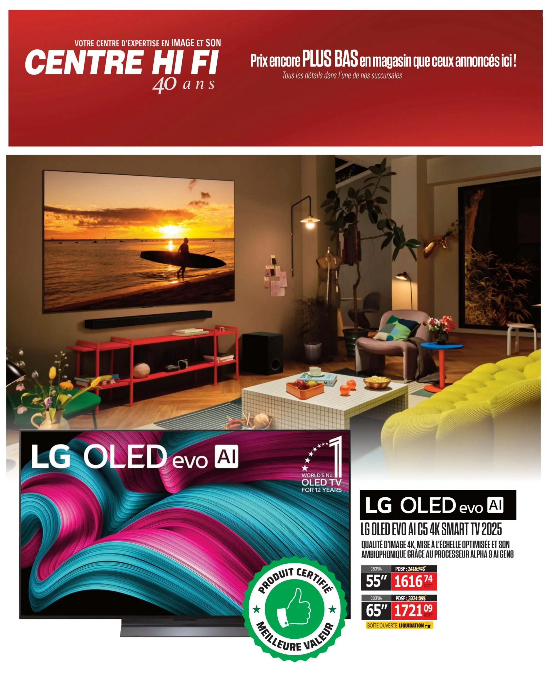 Centre Hi-Fi flyer page 27 features the LG OLED evo AI C5 4K Smart TV 2025. This TV offers 4K image quality, optimized scaling, and the Alpha 9 AI Gen 8 processor. Available in a 55-inch size for $1616.74 (original price $2416.74) and a 65-inch size for $1721.09 (original price $3321.09). Both models are 'Boîte Ouverte Liquidation' (Open Box Liquidation). The page highlights that LG OLED TVs are the World's No. 1 OLED TV for 12 years and features a 'Produit Certifié Meilleure Valeur' (Certified Best Value Product) badge.
