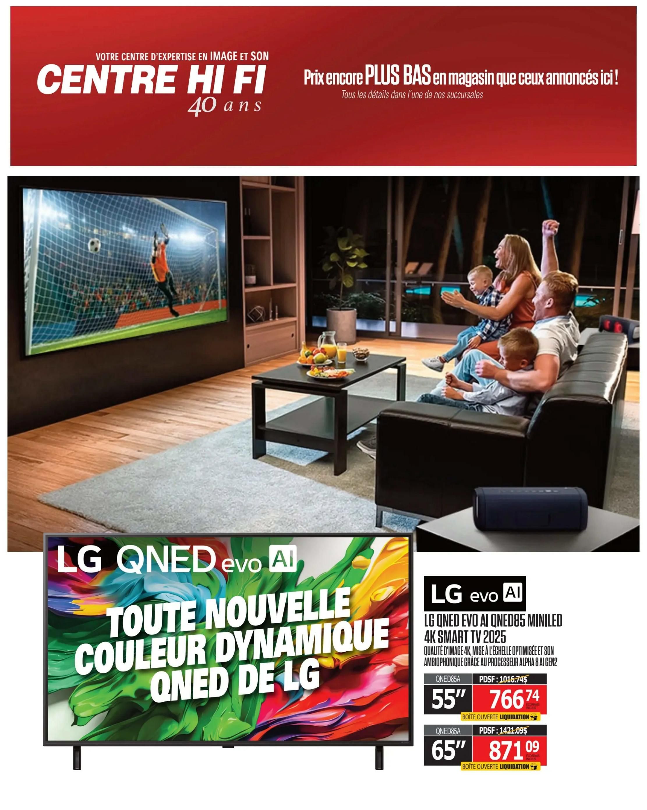 Centre Hi-Fi weekly flyer specials page 28 features LG QNED evo AI 4K Smart TVs. The 55-inch QNED85A model is priced at $766.74, down from $1016.74, and is available as an open box liquidation item. The 65-inch QNED85A model is priced at $871.09, down from $1421.09, also as an open box liquidation item. The TVs boast 4K image quality, optimized scaling, and AI Sound Pro with Alpha 8 AI Gen2 processor. The page also shows a family enjoying a soccer game on a large screen TV in a living room setting.