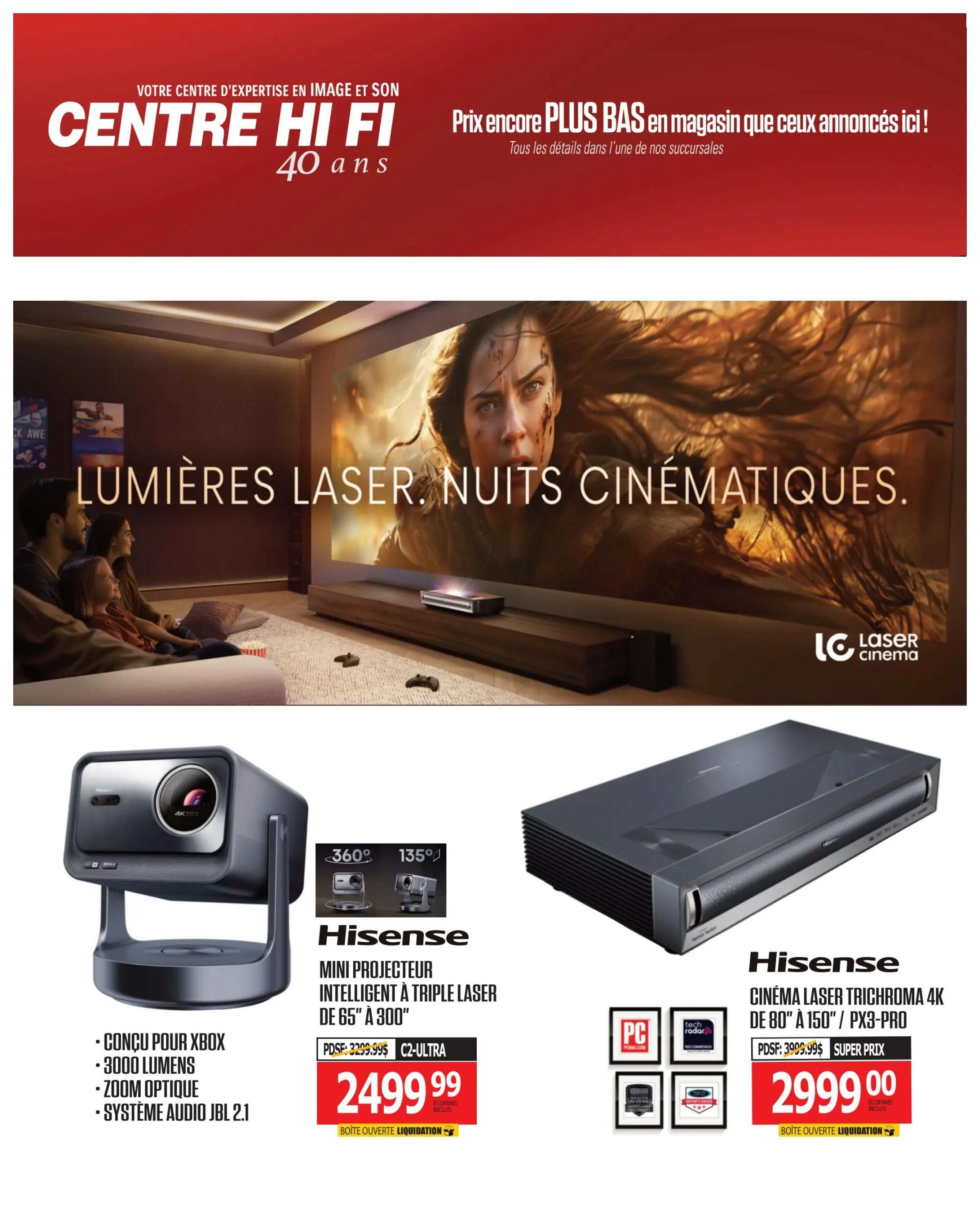 Centre Hi-Fi weekly flyer specials page 33 features a large image promoting 'Laser Lights. Cinematic Nights.' Below, two Hisense projectors are on sale. The Hisense Mini Intelligent Triple Laser Projector, designed for Xbox with 3000 lumens, optical zoom, and JBL 2.1 audio system, is priced at $2499.99. The Hisense Cinema Laser Trichroma 4K Projector, for 80' to 150' screens (model PX3-PRO), is on sale for $2999.00. Both items are marked as 'Open Box Liquidation.