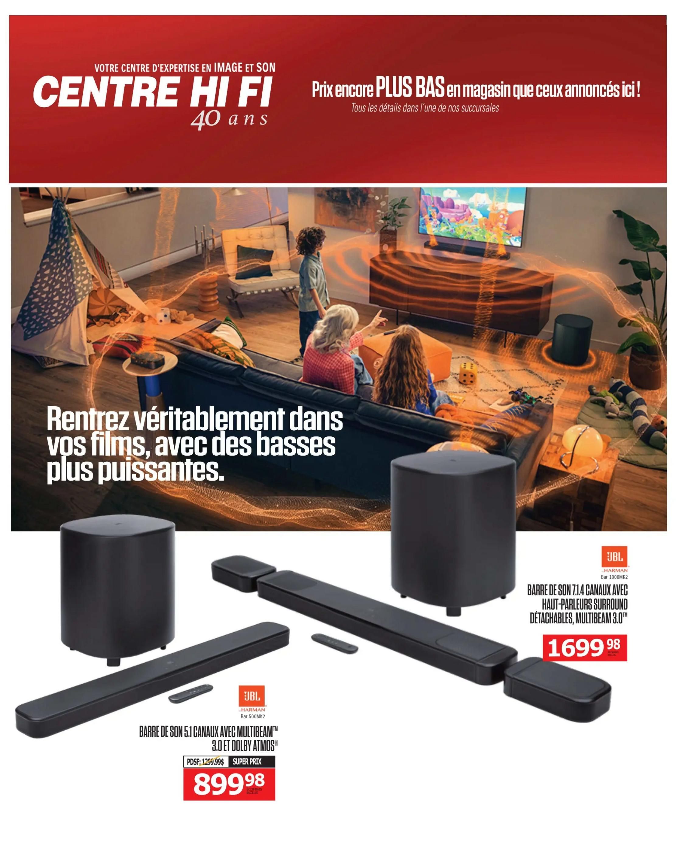 Centre Hi-Fi weekly flyer specials page 44 features immersive home audio solutions. The page showcases the JBL Bar 500MK2 5.1 channel soundbar with MULTIBEAM™ 3.0 and DOLBY ATMOS® for $899.98, originally $1,299.99. Also featured is the JBL Bar 1000MK2 7.1 channel soundbar with detachable surround speakers and MULTIBEAM 3.0™ for $1,699.98. The main image depicts a family enjoying a movie with powerful bass effects, emphasizing an immersive viewing experience.