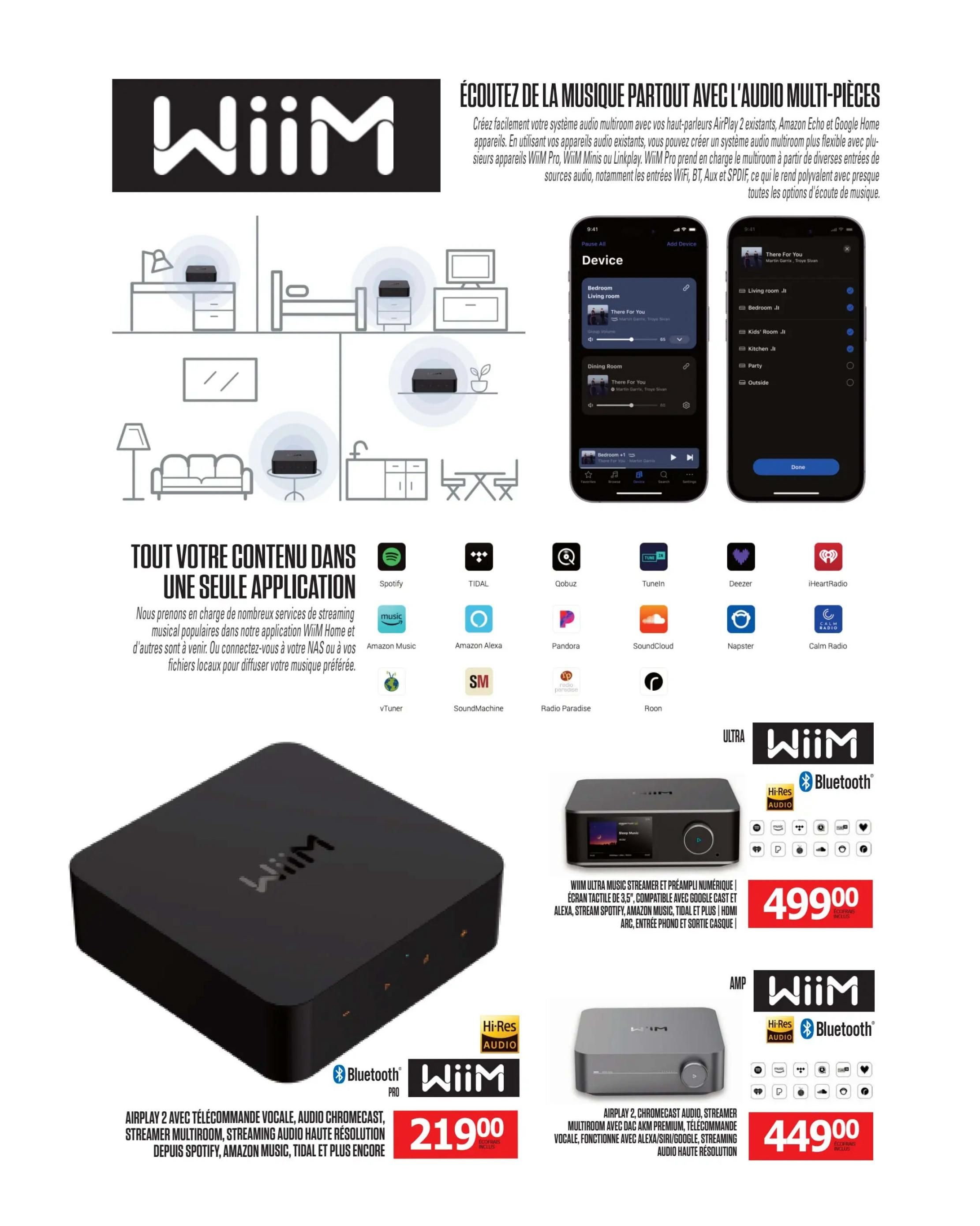 Centre Hi-Fi weekly flyer specials page 49. Features Wiim multi-room audio systems. The page highlights the ability to stream music from various services like Spotify, TIDAL, Qobuz, TuneIn, Deezer, iHeartRadio, Amazon Music, Amazon Alexa, Pandora, SoundCloud, Napster, Calm Radio, vTuner, SoundMachine, Radio Paradise, and Roon. It showcases the Wiim Ultra Music Streamer and Preamplifier for $499.00, featuring a 3.5' touchscreen, Google Cast, Alexa, AirPlay 2, and HDMI ARC input. Also featured is the Wiim Amp for $449.00, offering AirPlay 2, Chromecast, multiroom audio, AKM premium DAC, voice control with Alexa/Siri/Google, and high-resolution audio. A Wiim Pro device is shown with its features including voice remote, audio Chromecast, multiroom streaming, high-resolution audio, and support for Spotify, Amazon Music, TIDAL, and more, priced at $219.00.