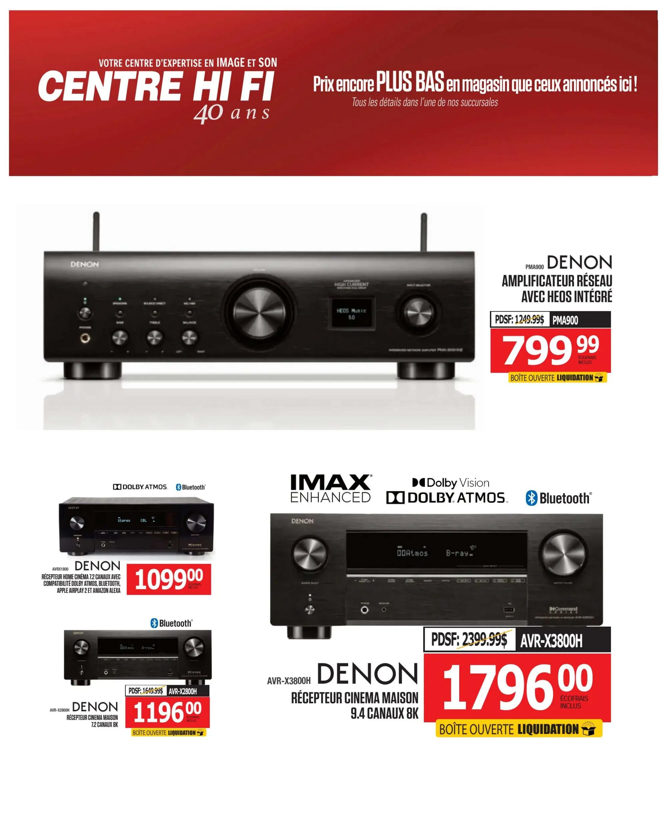 Centre Hi-Fi weekly flyer specials page 59. Features Denon audio equipment. The Denon PMA900 network amplifier with HEOS integrated is on sale for $799.99, down from $1249.99 PDSF, with 'BOÎTE OUVERTE LIQUIDATION' (Open Box Liquidation) pricing. Also available is the Denon AVRX1800 home cinema receiver with 7.2 channels, Dolby Atmos, Bluetooth, Apple AirPlay 2, and Amazon Alexa for $1099.00. Another Denon receiver, the AVR-X2800H 7.2 channel 8K home cinema receiver, is priced at $1196.00, down from $1649.99 PDSF, also marked as 'BOÎTE OUVERTE LIQUIDATION'. The Denon AVR-X3800H 9.4 channel 8K home cinema receiver is available for $1796.00, with 'ÉCOFRAIS INCLUS' (Eco-fees included) and 'BOÎTE OUVERTE LIQUIDATION' pricing, originally $2399.99 PDSF.