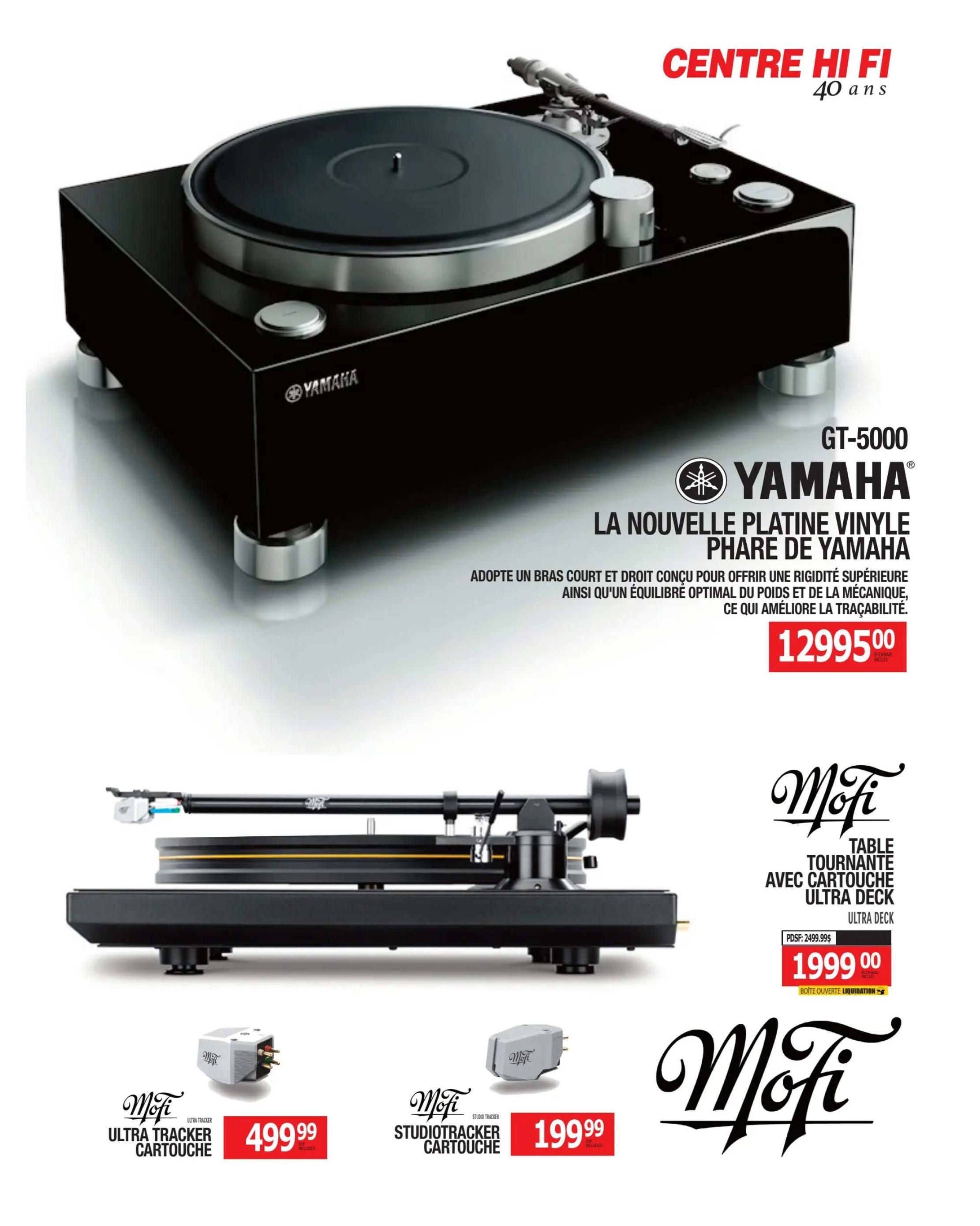 Centre Hi-Fi weekly flyer specials page 60 features the Yamaha GT-5000 turntable for $12995.00. Also on sale is the MoFi turntable with Ultra Deck cartridge for $1999.00, originally $2499.99, marked as 'Open Box Liquidation'. Additionally, the MoFi Ultra Tracker Cartridge is available for $499.99, and the MoFi StudioTracker Cartridge is priced at $199.99.