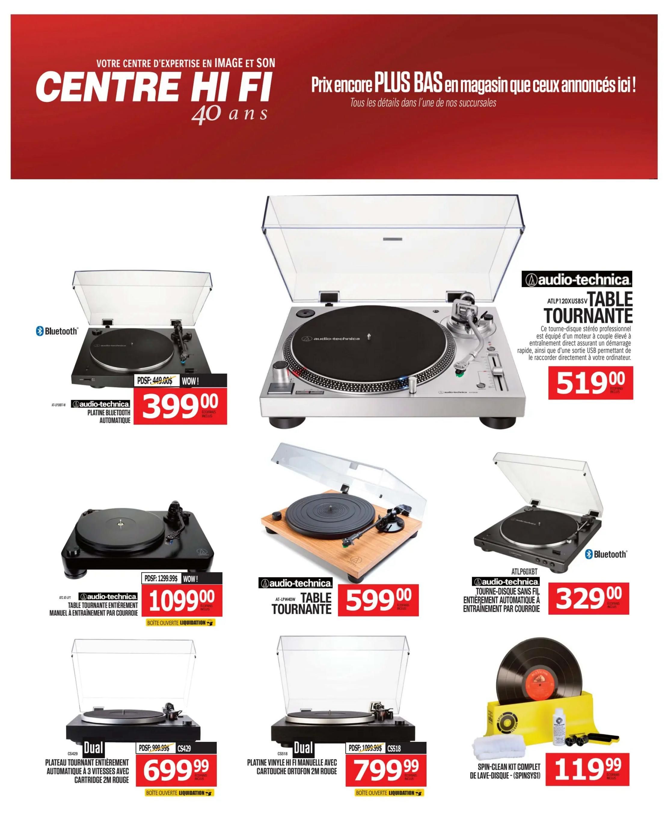 Centre Hi-Fi weekly flyer specials page 61 features various turntables and accessories. On the top left, an Audio-Technica AT-LP3BK Bluetooth automatic turntable is on sale for $399.00, down from $449.00. To its right, a professional stereo turntable, the Audio-Technica AT-LP120XUSB, is priced at $519.00. Below the first turntable, another Audio-Technica automatic belt-drive turntable, the AT-LP1, is available for $1099.00. In the middle, an Audio-Technica AT-LPW40WN turntable is priced at $599.00. On the bottom left, a Dual CS429 automatic 3-speed turntable with a red 2M cartridge is on sale for $699.99. Next to it, a Dual CS518 manual Hi-Fi vinyl turntable with an Ortofon 2M cartridge is priced at $799.99. Finally, a Spin-Clean complete record washing kit (SPINSYST) is available for $119.99.
