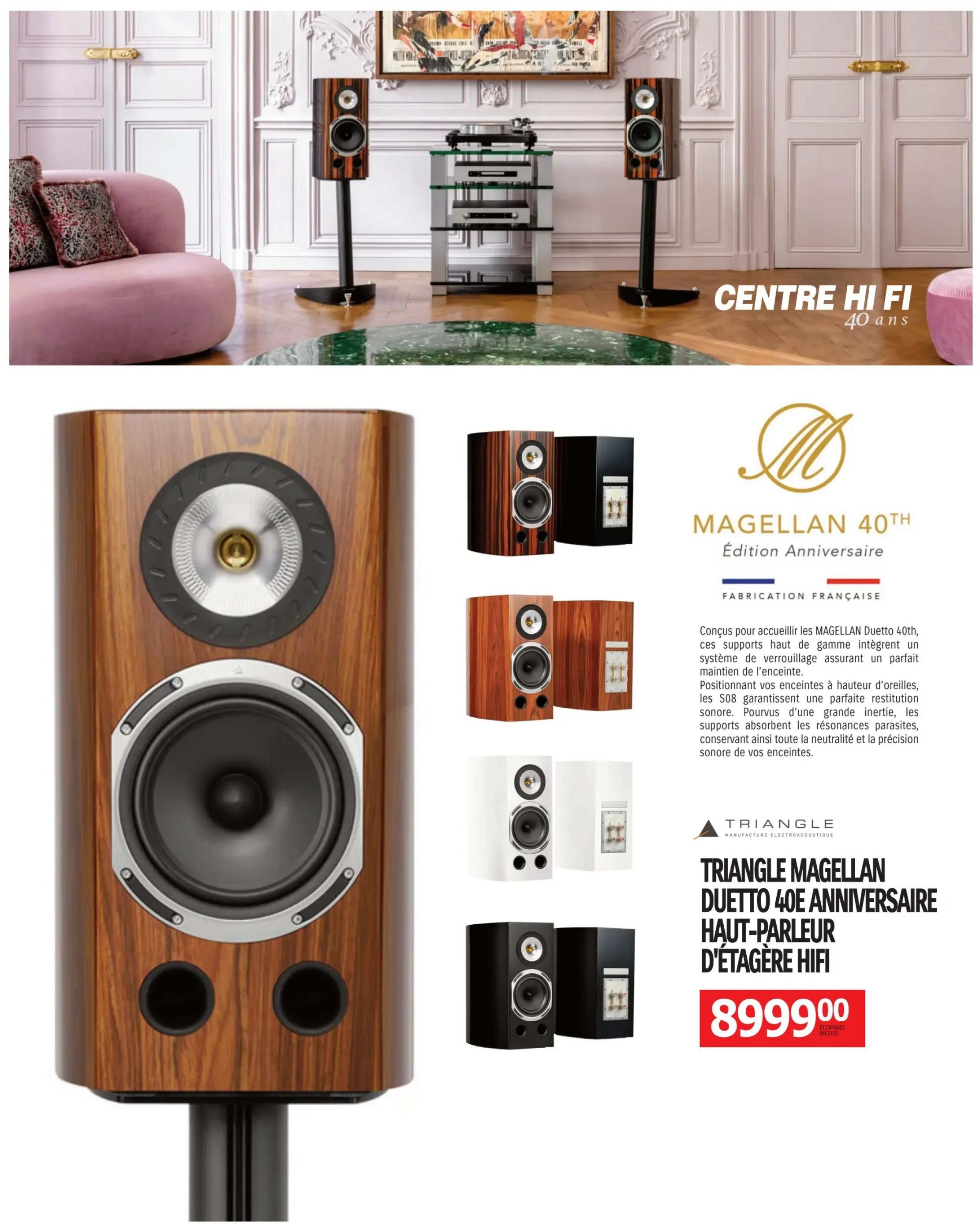 Centre Hi-Fi weekly flyer specials, page 69. Features the Triangle Magellan Duetto 40th Anniversary bookshelf hi-fi speaker, available in wood grain, white, and black finishes. The description highlights that these high-end stands are designed to accommodate the Magellan Duetto 40th, integrating a locking system for secure speaker placement at ear level. The S08 stands ensure perfect sound restitution, with their large inertia absorbing parasitic resonances, thus preserving the neutrality and precision of the speaker's sound. The price is $899.00, with eco-fees included.