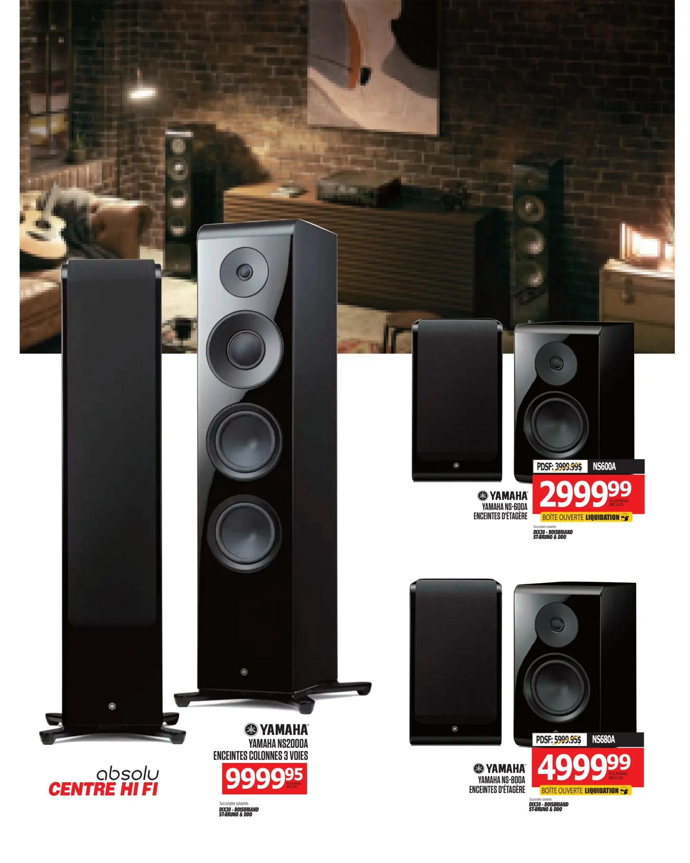 Centre Hi-Fi weekly flyer specials page 75 features Yamaha audio equipment. Displayed are the Yamaha NS2000A 3-way floorstanding speakers, priced at $999.95. Also featured are Yamaha NS-800A bookshelf speakers, available for $299.99, marked as 'Open Box Liquidation'. The page also shows Yamaha NS-680A bookshelf speakers for $499.99, also indicated as 'Open Box Liquidation' with 'Footwear Included'.