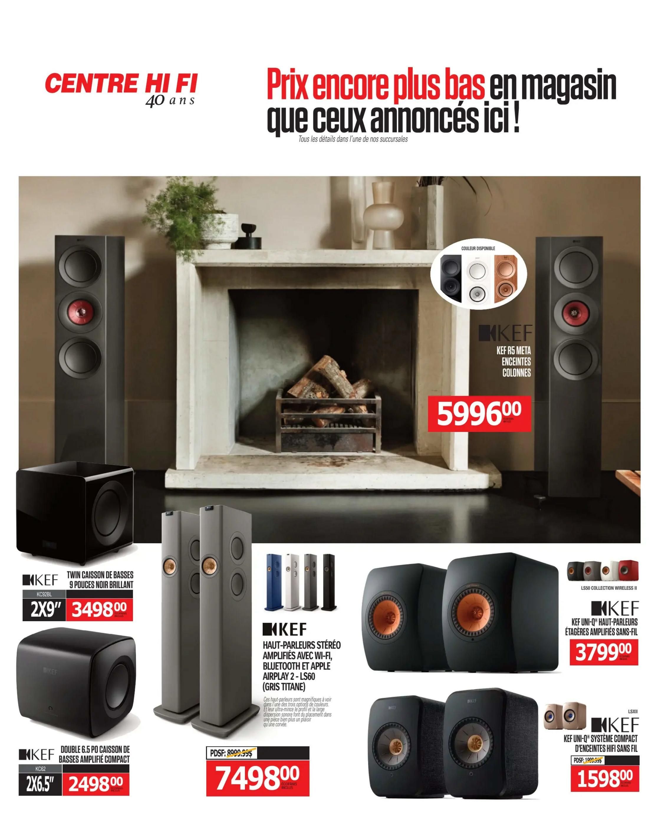 Centre Hi-Fi weekly flyer specials, page 76. Features KEF R5 Meta floorstanding speakers for $5996.00. Also available are KEF KC92BL 9-inch twin coaxial bass subwoofers for $3498.00 and KEF KC62 6.5-inch dual concentric bass subwoofers for $2498.00. Additionally, KEF LS60 wireless stereo speakers with Wi-Fi, Bluetooth, and Apple Airplay 2 are priced at $7498.00 (PDSF $8999.99). The page also showcases KEF LS50 Collection Wireless II amplified bookshelf speakers for $3799.00 and KEF LSXII Uni-Q compact amplified bookshelf speakers for $1598.00 (PDSF $1999.99).