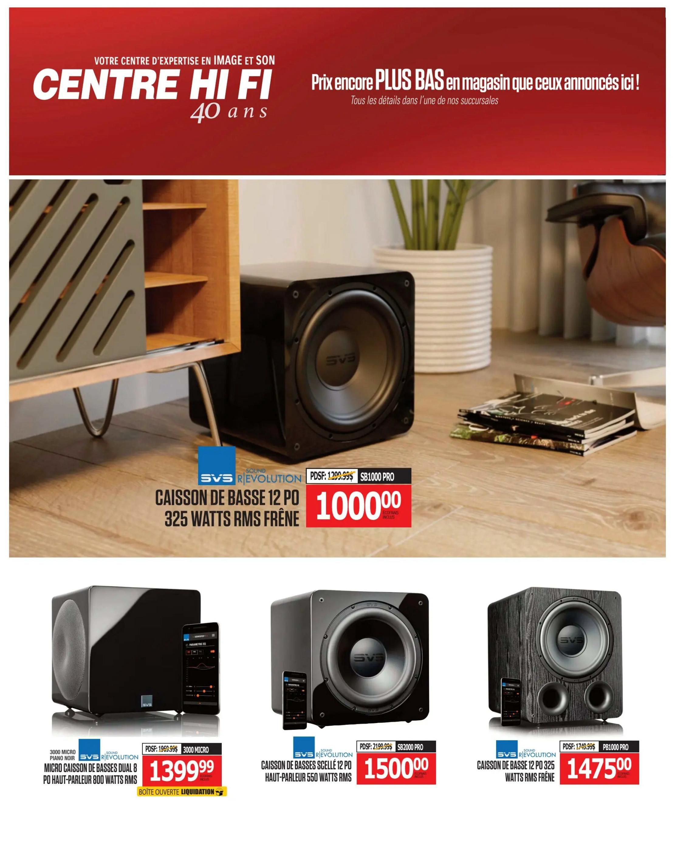 Centre Hi-Fi weekly flyer specials, page 80. Features SVS subwoofers. The main featured item is the SVS SB1000 PRO 12-inch subwoofer with 325 watts RMS, priced at $1000.00, down from $1299.99. Also available are the SVS 3000 Micro 800-watt RMS subwoofer in black, priced at $1399.99 as an open box liquidation item. The SVS SB2000 PRO 12-inch sealed subwoofer with 550 watts RMS is on sale for $1500.00, originally $2199.99. Finally, the SVS PB1000 PRO 12-inch ported subwoofer with 325 watts RMS is priced at $1475.00, down from $1749.99.