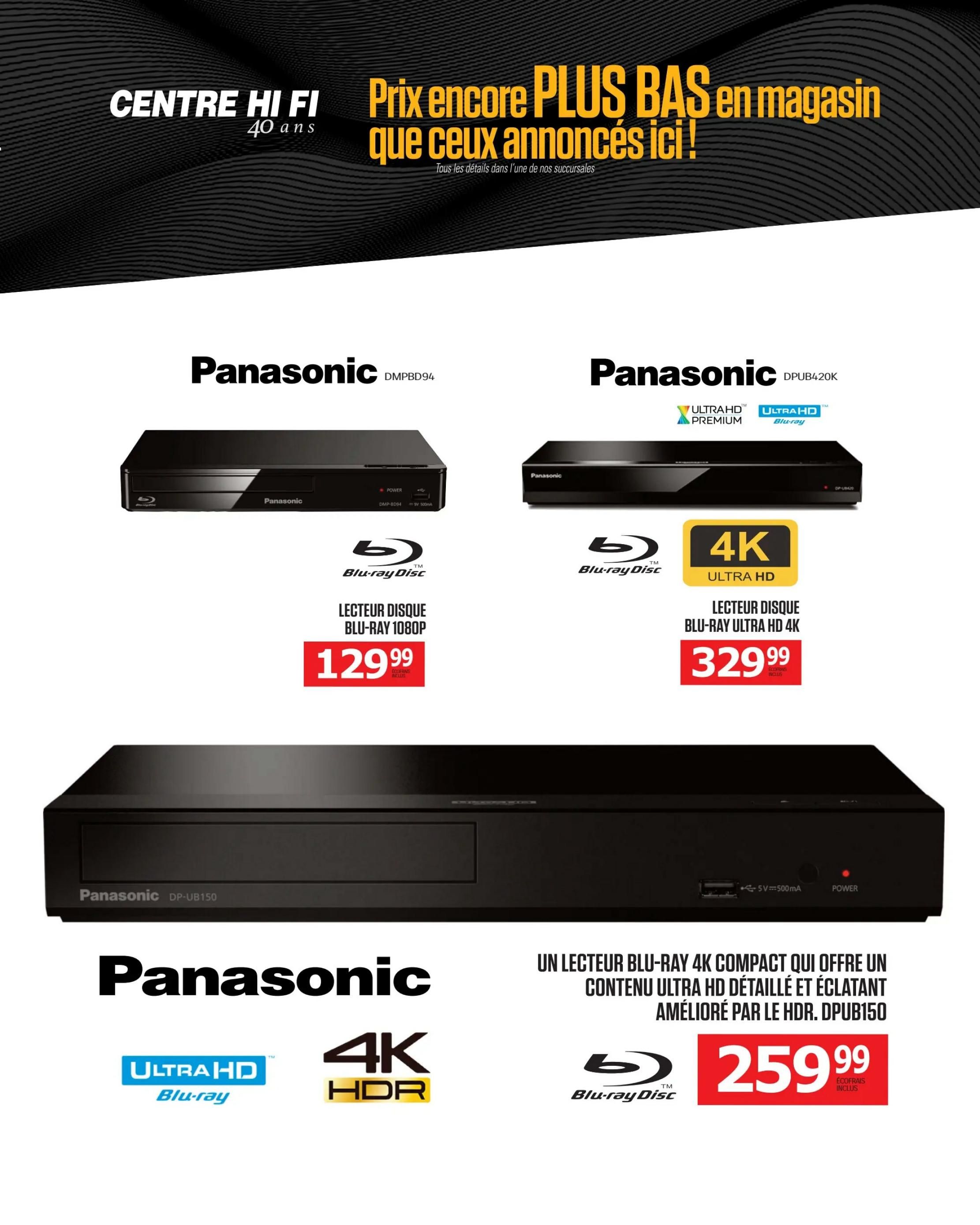 Centre Hi-Fi weekly flyer specials, page 86. Features Panasonic Blu-ray players. On the left, a Panasonic DMPBD94 1080p Blu-ray player is available for $129.99. In the centre, a Panasonic DPUB420K Ultra HD 4K Blu-ray player is priced at $329.99. At the bottom, a Panasonic DP-UB150 compact 4K Blu-ray player with Ultra HD content and HDR is offered for $259.99, including eco-fees.