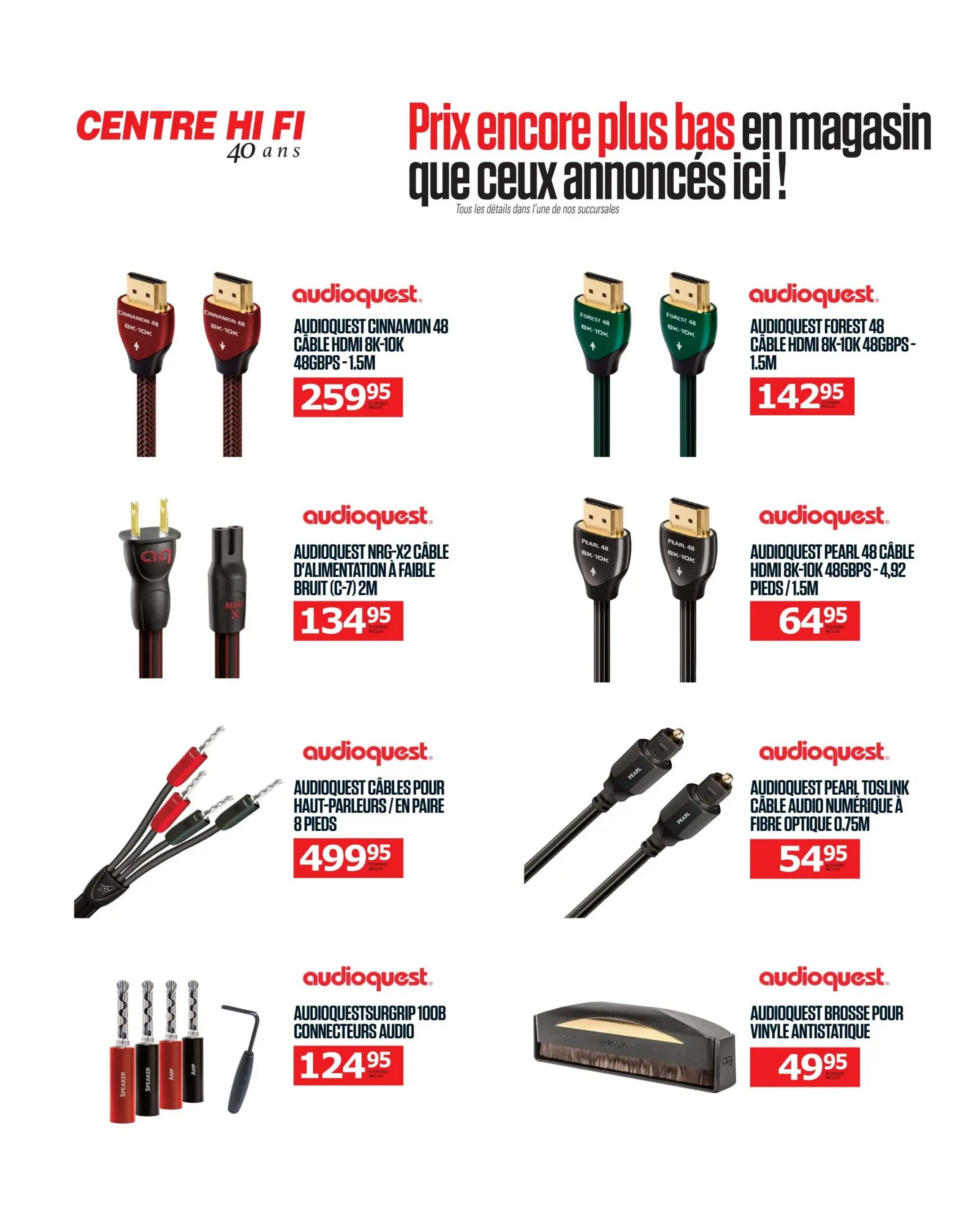 Centre Hi-Fi weekly flyer specials, page 90. Featured Audioquest products include the Audioquest Cinnamon 48 Cable HDMI 8K-10K 48Gbps - 1.5M for $259.95, Audioquest Forest 48 Cable HDMI 8K-10K 48Gbps - 1.5M for $142.95, Audioquest NRG-X2 Power Cable with Low Noise (C-7) 2M for $134.95, Audioquest Pearl 48 Cable HDMI 8K-10K 48Gbps - 4.92 feet/1.5M for $64.95, Audioquest Speaker Cables / Per Pair 8 feet for $499.95, Audioquest Pearl Toslink Digital Audio Cable 0.75M for $54.95, Audioquest SURGRIP 100B Audio Connectors for $124.95, and the Audioquest Anti-Static Vinyl Brush for $49.95. The flyer also highlights 'Prices even lower in store than those announced here!
