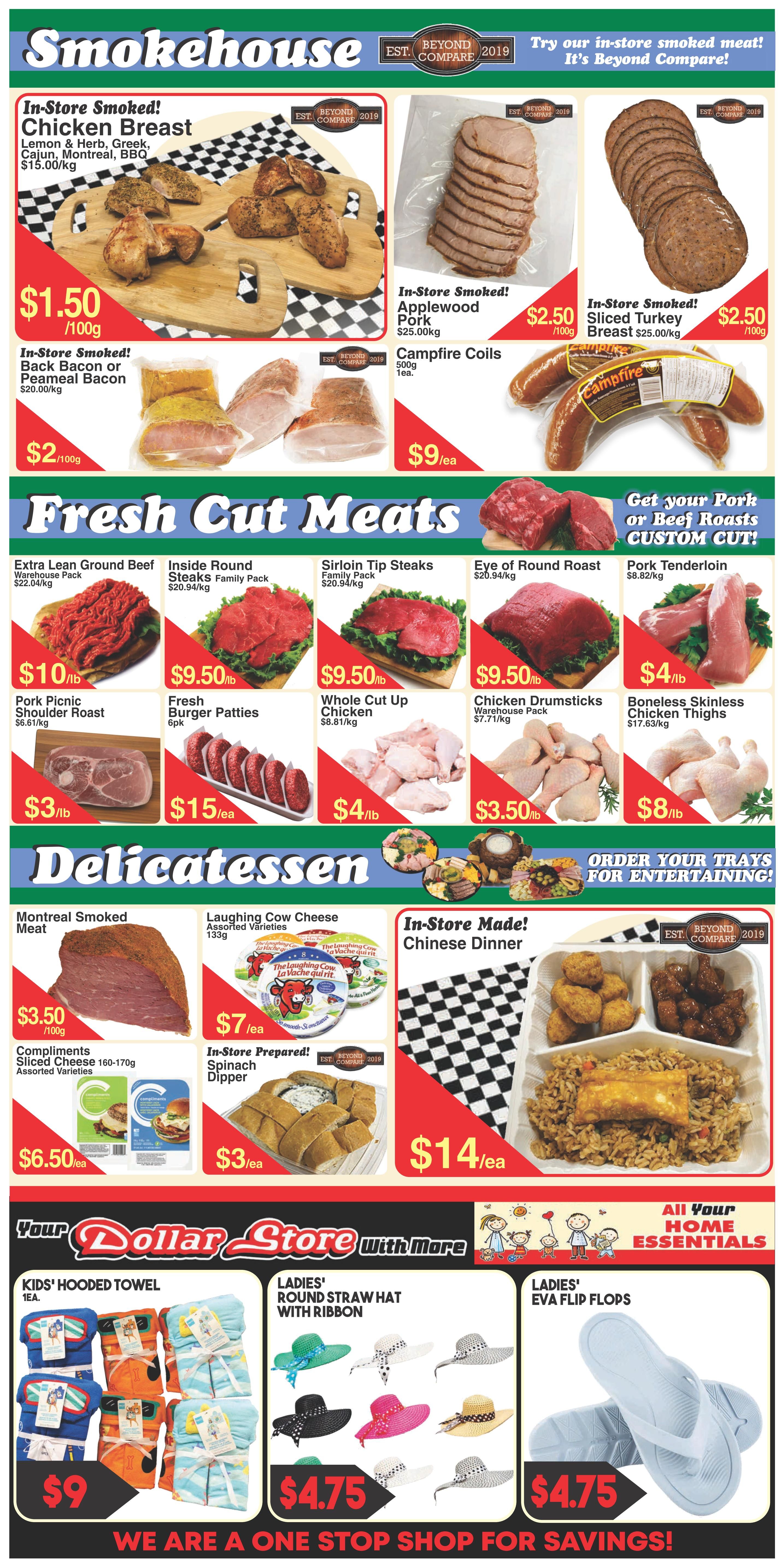 Fresh Market Foods weekly flyer specials, page 2. Smokehouse section features In-Store Smoked Chicken Breast for $1.50/100g, In-Store Smoked Back Bacon or Peameal Bacon for $2/100g, In-Store Smoked Applewood Pork for $2.50/100g, and In-Store Smoked Sliced Turkey Breast for $2.50/100g. Also available are Campfire Coils for $9/ea. Fresh Cut Meats section includes Extra Lean Ground Beef Warehouse Pack for $10/lb, Inside Round Steaks Family Pack for $9.50/lb, Sirloin Tip Steaks Family Pack for $9.50/lb, Eye of Round Roast for $9.50/lb, Pork Tenderloin for $4/lb, Pork Picnic Shoulder Roast for $3/lb, Fresh Burger Patties 6pk for $15/ea, Whole Cut Up Chicken for $4/lb, Chicken Drumsticks Warehouse Pack for $3.50/lb, and Boneless Skinless Chicken Thighs for $8/lb. Delicatessen section offers Montreal Smoked Meat for $3.50/100g, Laughing Cow Cheese Assorted Varieties 135g for $7/ea, Compliments Sliced Cheese 160-170g Assorted Varieties for $6.50/ea, In-Store Prepared Spinach Dipper for $3/ea, and In-Store Made Chinese Dinner for $14/ea. The bottom section, Your Dollar Store With More, includes Kids' Hooded Towel for $9, Ladies' Round Straw Hat with Ribbon for $4.75, and Ladies' Eva Flip Flops for $4.75. The flyer emphasizes 'We are a one stop shop for savings!