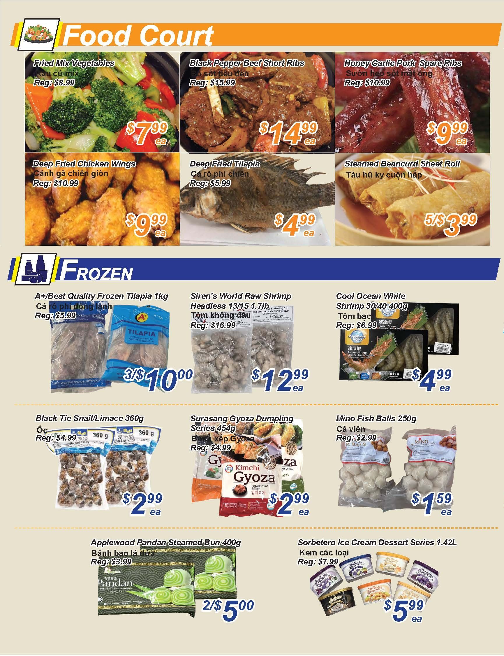 Golden Fresh Market weekly flyer specials page 2 features a Food Court section with Fried Mix Vegetables for $7.99, Black Pepper Beef Short Ribs for $14.99, and Honey Garlic Pork Spare Ribs for $9.99. Also available are Deep Fried Chicken Wings for $9.99 and Deep Fried Tilapia for $4.99. The Frozen section includes A+/Best Quality Frozen Tilapia 1kg at 3 for $10.00, Siren's World Raw Shrimp Headless 13/15 1.7lb for $12.99 each, and Cool Ocean White Shrimp 30/40 400g for $4.99 each. Other frozen items are Black Tie Snail/Limace 360g for $2.99 each, Surasang Gyoza Dumpling Series 454g for $2.99 each, and Mino Fish Balls 250g for $1.59 each. Finally, Applewood Pandan Steamed Bun 400g is available at 2 for $5.00, and Sorbetero Ice Cream Dessert Series 1.42L is on sale for $5.99 each.