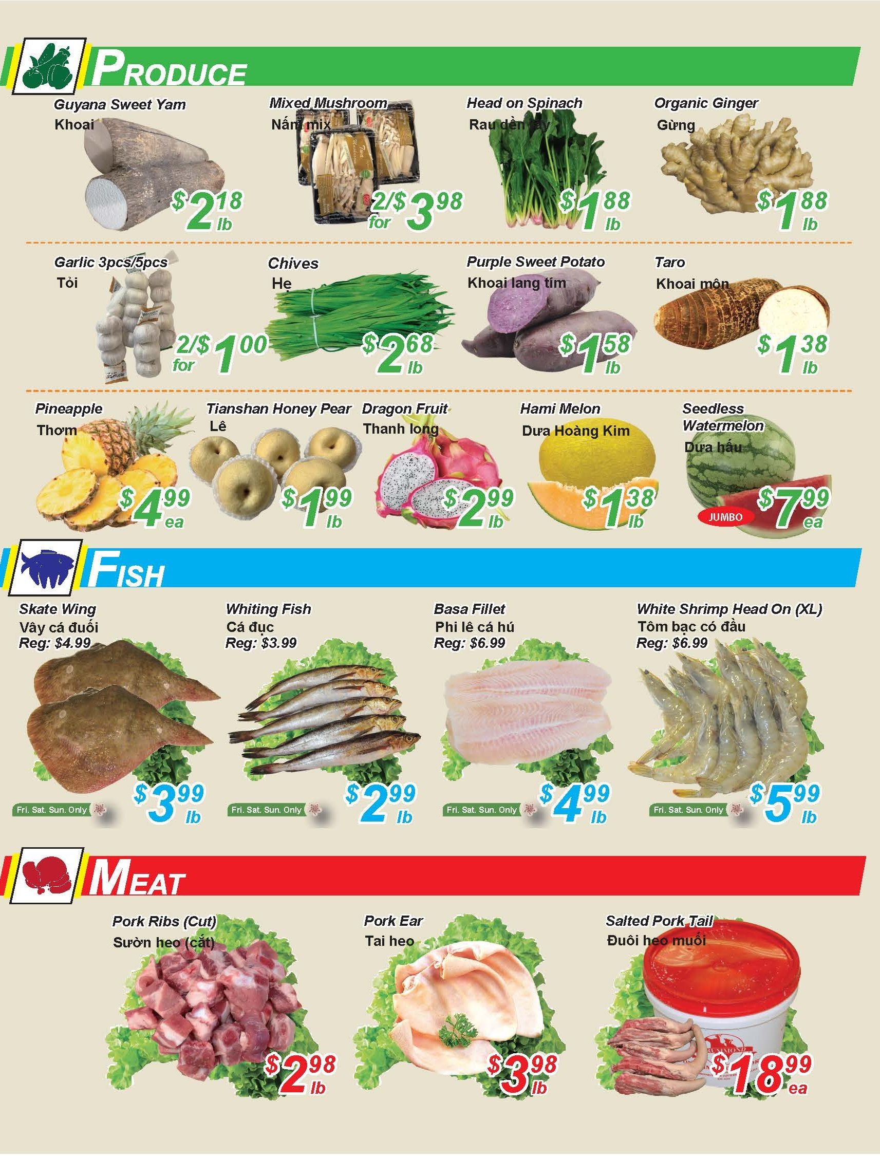 Golden Fresh Market weekly flyer specials page 3 features a variety of produce, fish, and meat. Produce includes Guyana Sweet Yam for $2.18/lb, Mixed Mushrooms for 2 for $3.98, Head on Spinach for $1.88/lb, Organic Ginger for $1.88/lb, Garlic 3pcs/5pcs for 2 for $1.00, Chives for $2.68/lb, Purple Sweet Potato for $1.58/lb, Taro for $1.38/lb, Pineapple for $4.99 each, Tianshan Honey Pear for $1.99/lb, Dragon Fruit for $2.99/lb, Hami Melon for $1.38/lb, and Seedless Watermelon for $7.99 each. Fish specials include Skate Wing for $3.99/lb (Fri-Sun only), Whiting Fish for $2.99/lb (Fri-Sun only), Basa Fillet for $4.99/lb (Fri-Sun only), and White Shrimp Head On (XL) for $5.99/lb (Fri-Sun only). Meat specials include Pork Ribs (Cut) for $2.98/lb, Pork Ear for $3.98/lb, and Salted Pork Tail for $18.99 each.