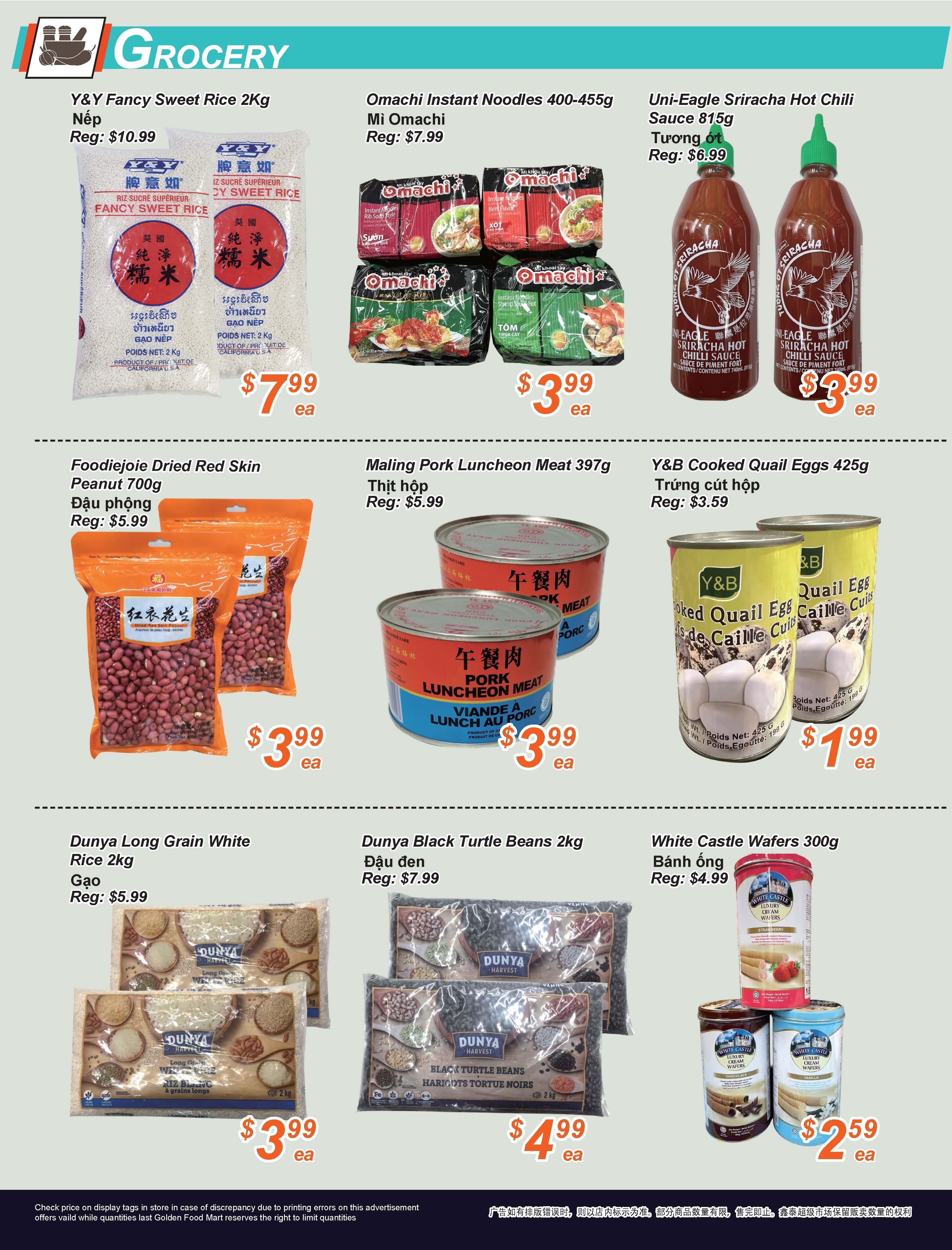 Golden Fresh Market grocery specials page 4. Featuring Y&Y Fancy Sweet Rice 2kg for $7.99, Omachi Instant Noodles 400-455g for $3.99, and Uni-Eagle Sriracha Hot Chili Sauce 815g for $3.99. Also available are Foodiejoie Dried Red Skin Peanut 700g for $3.99, Maling Pork Luncheon Meat 397g for $3.99, and Y&B Cooked Quail Eggs 425g for $1.99. Additional offers include Dunya Long Grain White Rice 2kg for $3.99, Dunya Black Turtle Beans 2kg for $4.99, and White Castle Wafers 300g for $2.59.